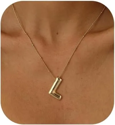 Gold Bubble Letter Necklace for Women, 14k Gold Plated Balloon Initial Letter Pendant Necklace Dainty Charm Initial Necklaces for Women Trendy Chunky Custom Name Necklace Gold Jewelry for Women