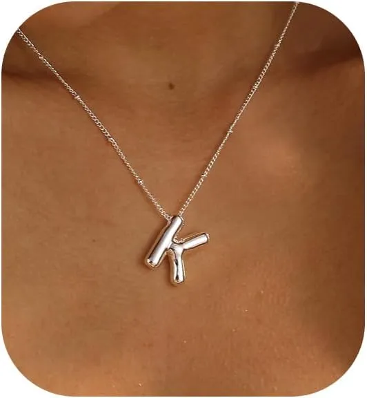 Gold Bubble Letter Necklace for Women, 14k Gold Plated Balloon Initial Letter Pendant Necklace Dainty Charm Initial Necklaces for Women Trendy Chunky Custom Name Necklace Gold Jewelry for Women