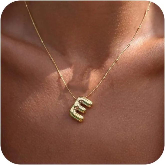 Gold Bubble Letter Necklace for Women, 14k Gold Plated Balloon Initial Letter Pendant Necklace Dainty Charm Initial Necklaces for Women Trendy Chunky Custom Name Necklace Gold Jewelry for Women