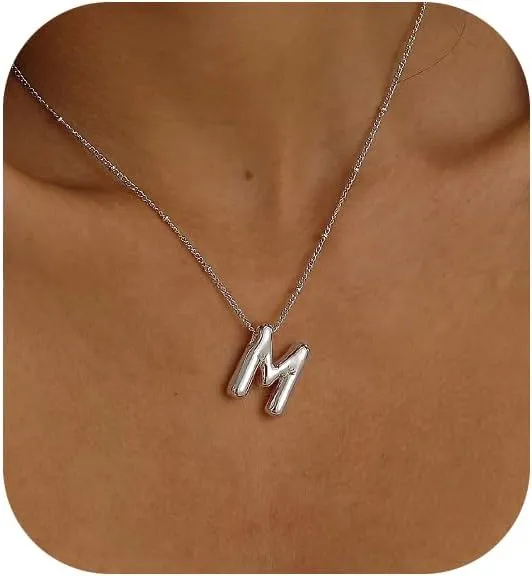 Gold Bubble Letter Necklace for Women, 14k Gold Plated Balloon Initial Letter Pendant Necklace Dainty Charm Initial Necklaces for Women Trendy Chunky Custom Name Necklace Gold Jewelry for Women