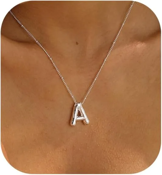 Gold Bubble Letter Necklace for Women, 14k Gold Plated Balloon Initial Letter Pendant Necklace Dainty Charm Initial Necklaces for Women Trendy Chunky Custom Name Necklace Gold Jewelry for Women