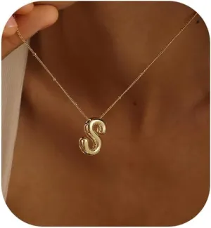 Gold Bubble Letter Necklace for Women, 14k Gold Plated Balloon Initial Letter Pendant Necklace Dainty Charm Initial Necklaces for Women Trendy Chunky Custom Name Necklace Gold Jewelry for Women