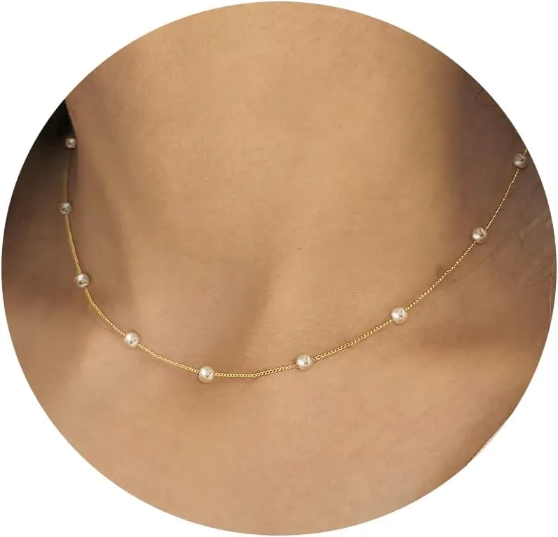 Gold Pearl Necklace for Women, 14K Gold Plated Layered Pearl Necklaces for Women Trendy Simple Herringbone Chain Pearl Necklace for Women Gold Jewelry Gifts