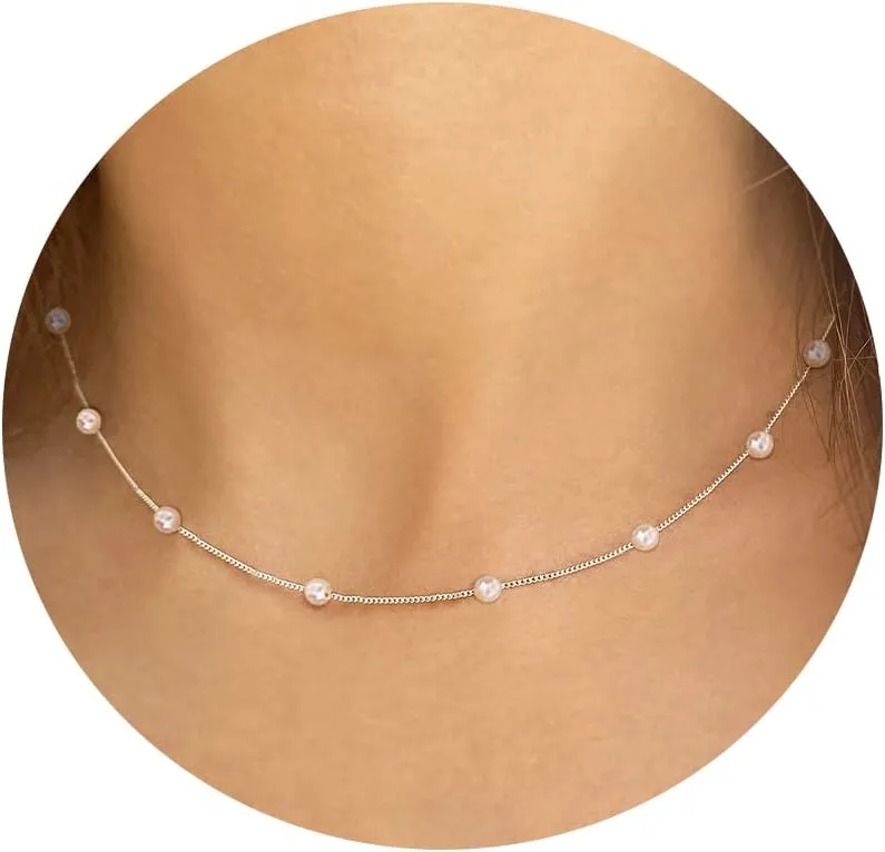 Gold Pearl Necklace for Women, 14K Gold Plated Layered Pearl Necklaces for Women Trendy Simple Herringbone Chain Pearl Necklace for Women Gold Jewelry Gifts