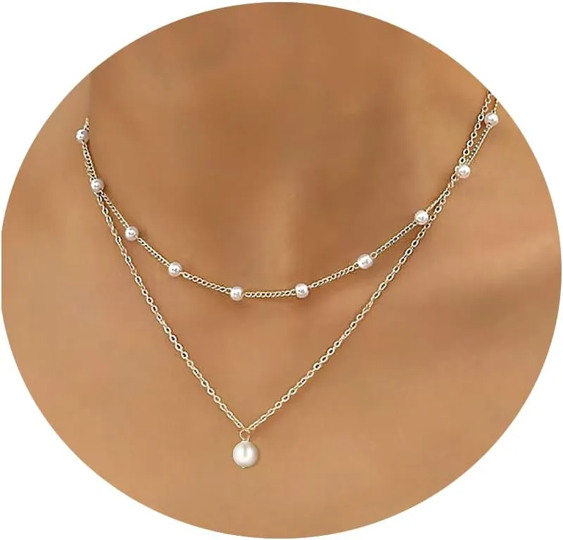 Gold Pearl Necklace for Women, 14K Gold Plated Layered Pearl Necklaces for Women Trendy Simple Herringbone Chain Pearl Necklace for Women Gold Jewelry Gifts