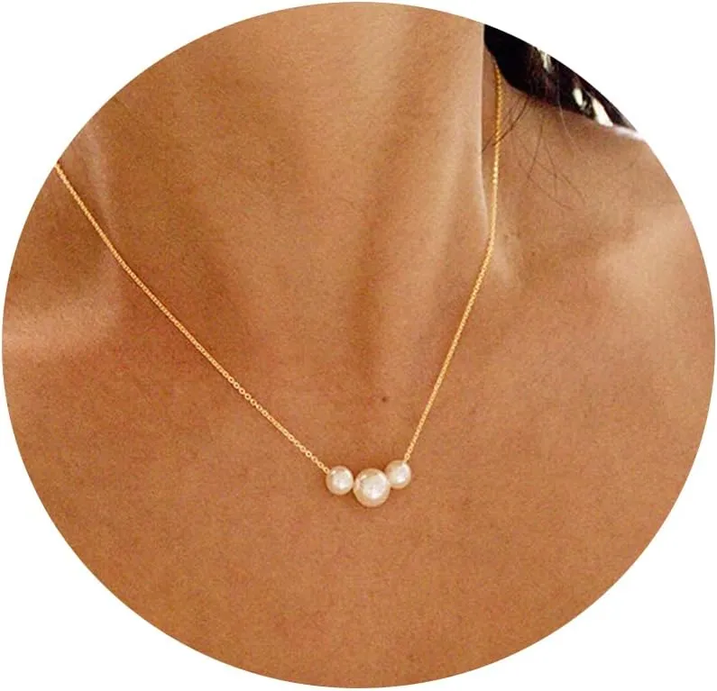 Gold Pearl Necklace for Women, 14K Gold Plated Layered Pearl Necklaces for Women Trendy Simple Herringbone Chain Pearl Necklace for Women Gold Jewelry Gifts