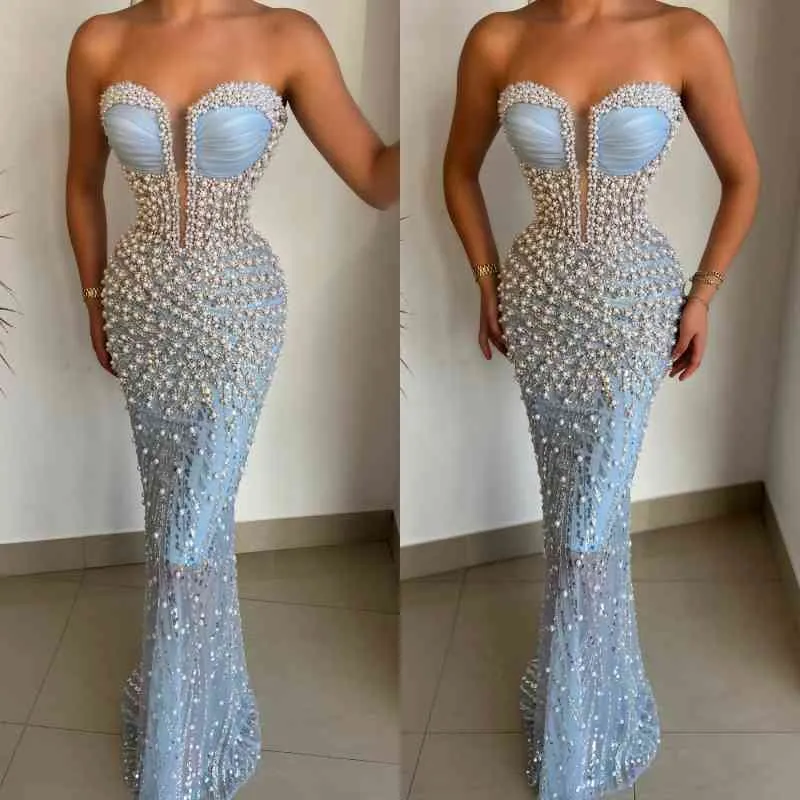 Gorgeous Sky Blue Sweetheart Pearls Prom Dress Mermaid With Beads