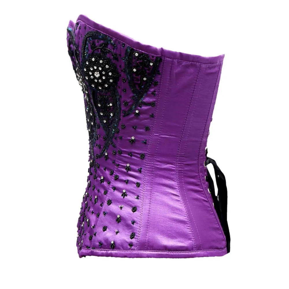 Grentz Purple Satin Embroidery Overbust Corset