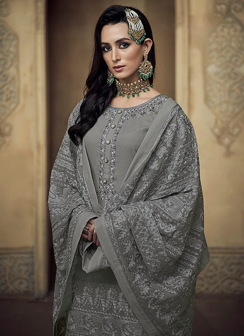 Grey Allover Embroidered Designer Sharara Suit