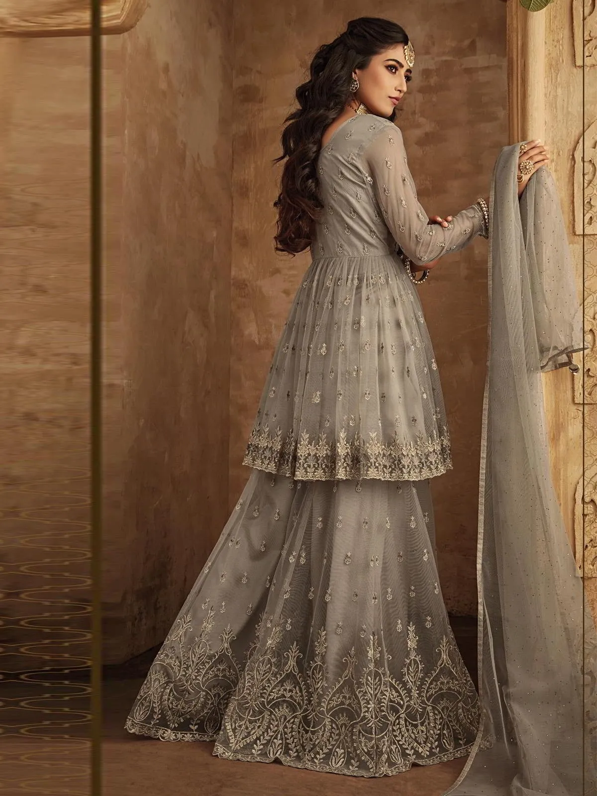Grey Golden Multi Zari Embroidered Designer Anarkali Gharara Suit