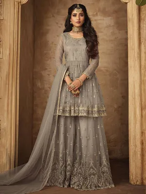 Grey Golden Multi Zari Embroidered Designer Anarkali Gharara Suit
