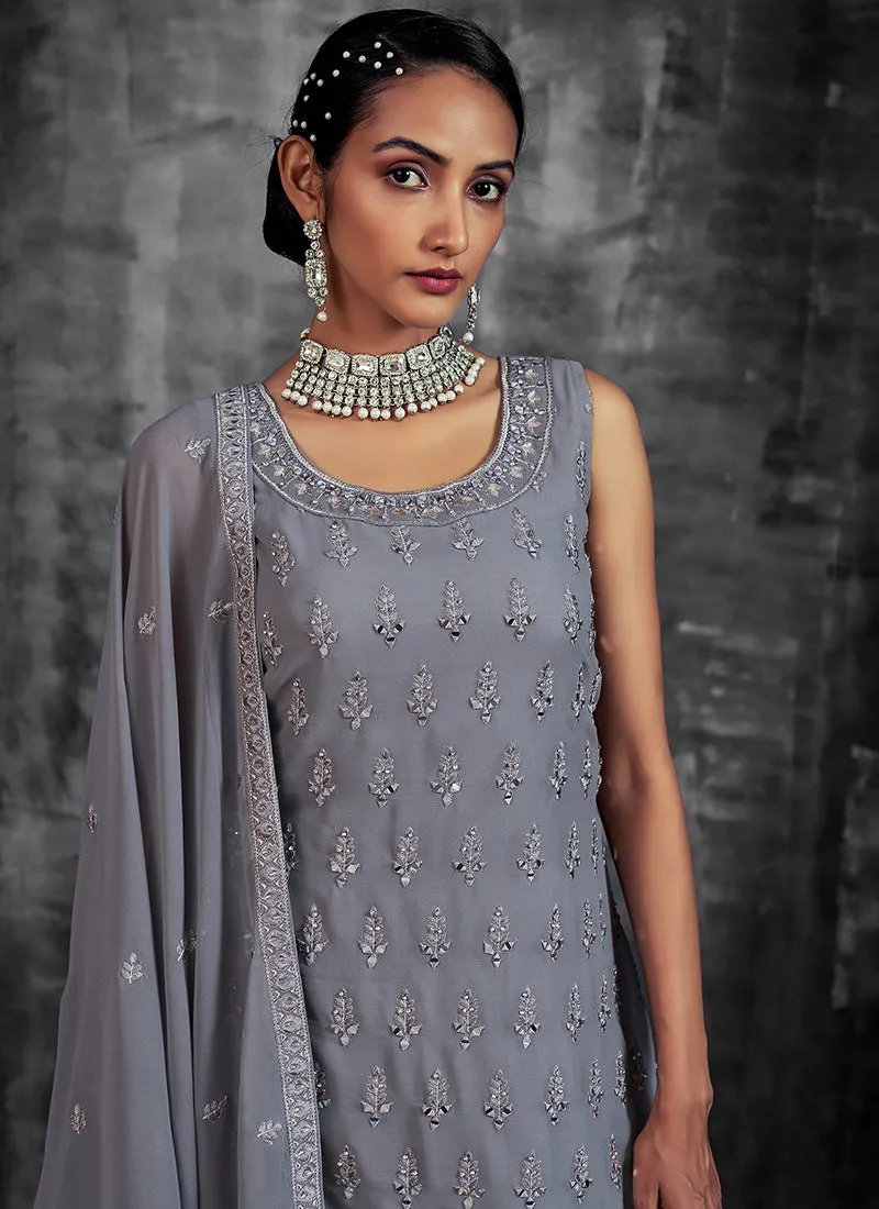 Grey Mirror Work Embroidery Georgette Gharara Suit