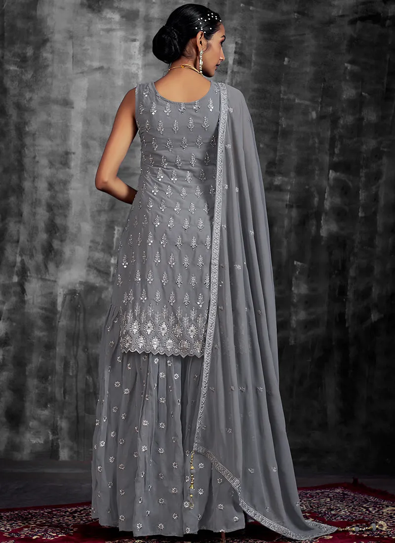 Grey Mirror Work Embroidery Georgette Gharara Suit