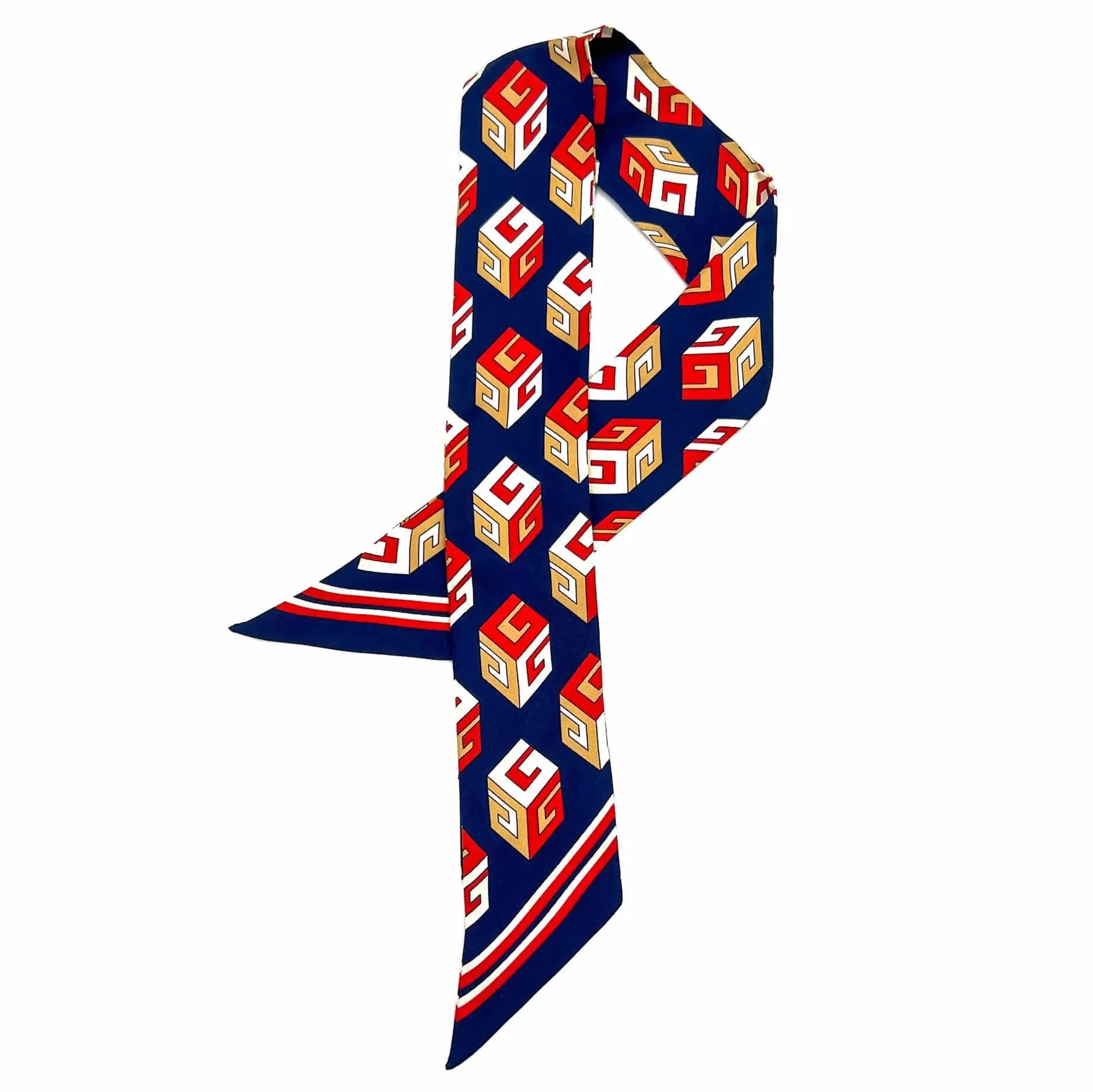 GUCCI Silk Cube G Print Neck Bow Scarf - Navy, Red, Tan