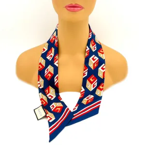 GUCCI Silk Cube G Print Neck Bow Scarf - Navy, Red, Tan