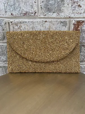 Handmade Beaded Fold Over Round Flap Clutch in Antique Gold