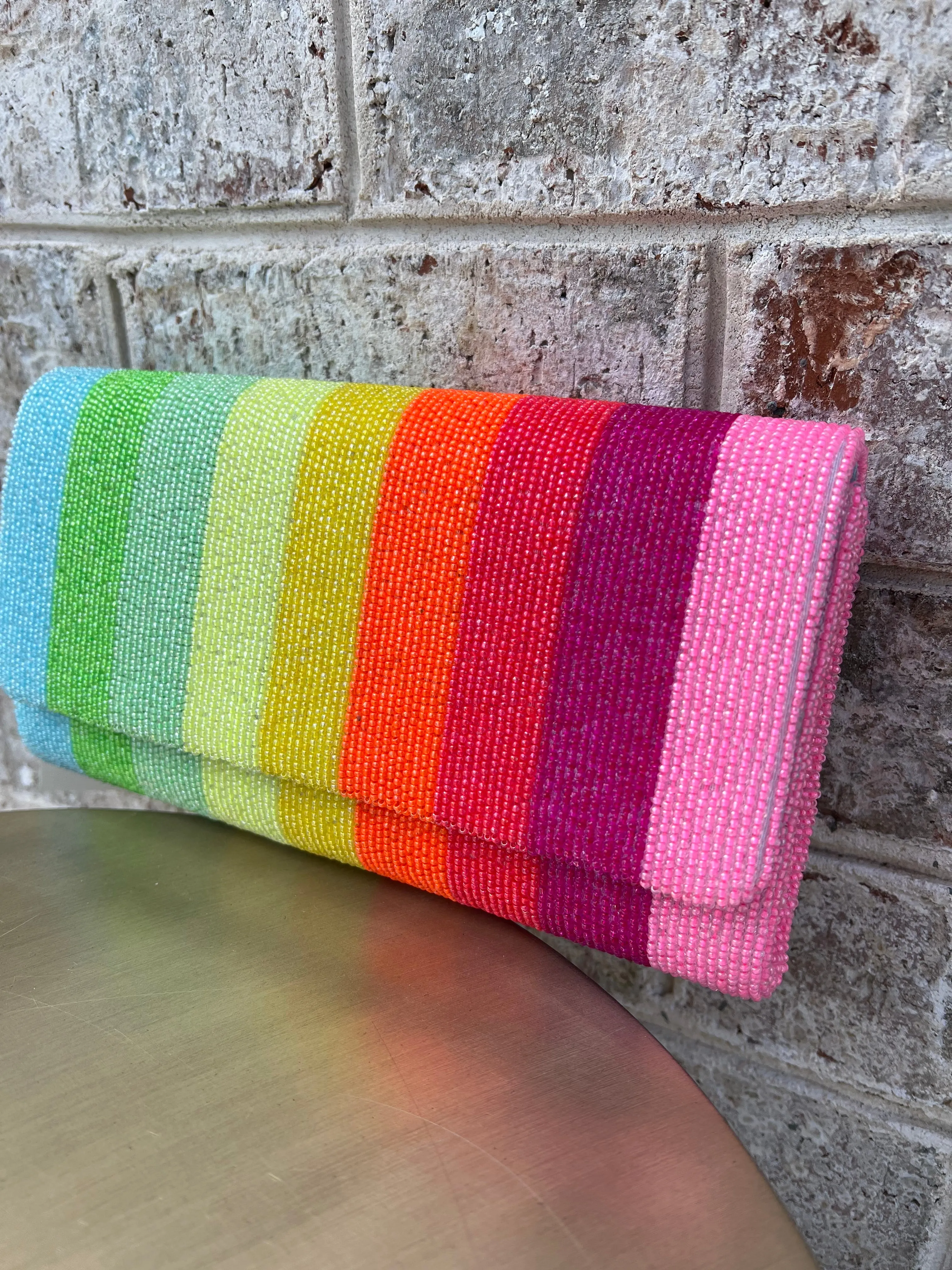 Handmade Beaded Rainbow Stripe Structured Clutch