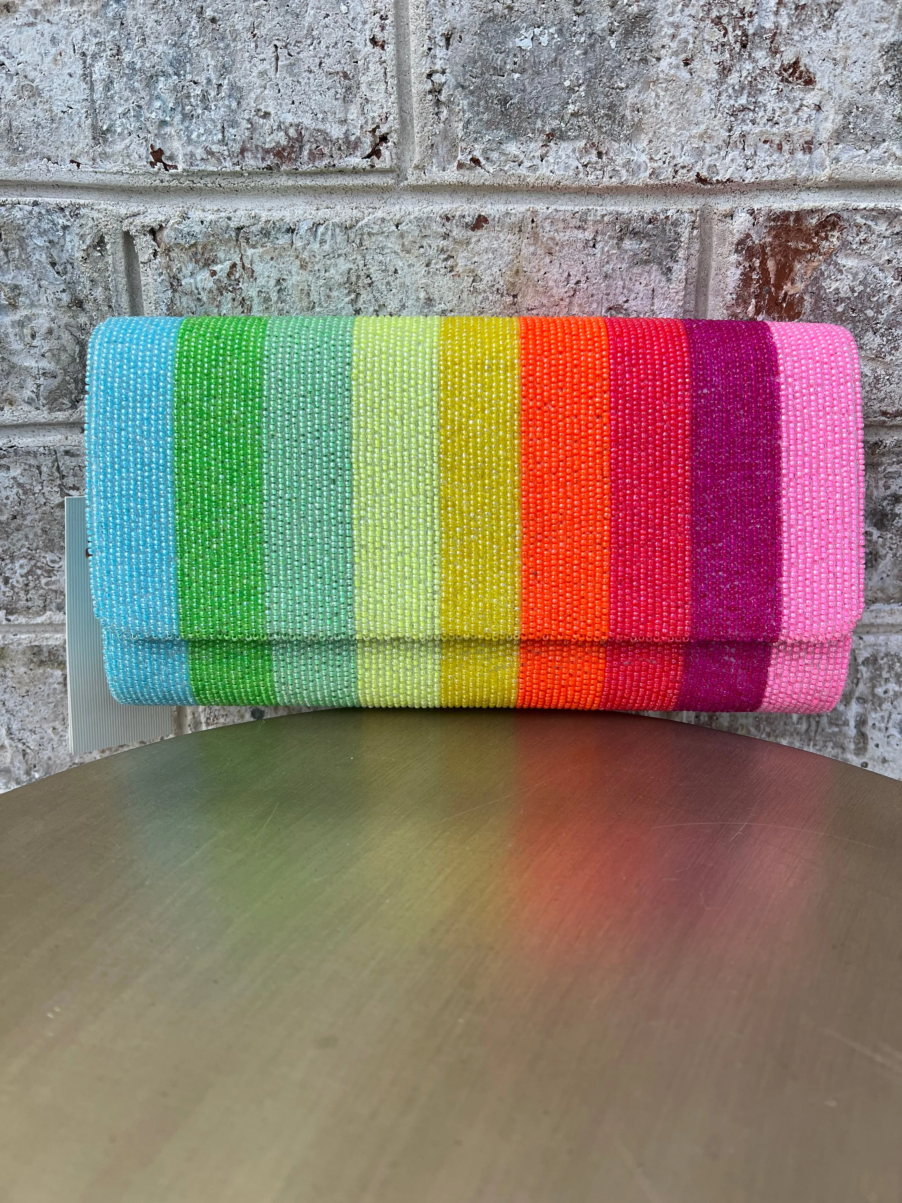 Handmade Beaded Rainbow Stripe Structured Clutch