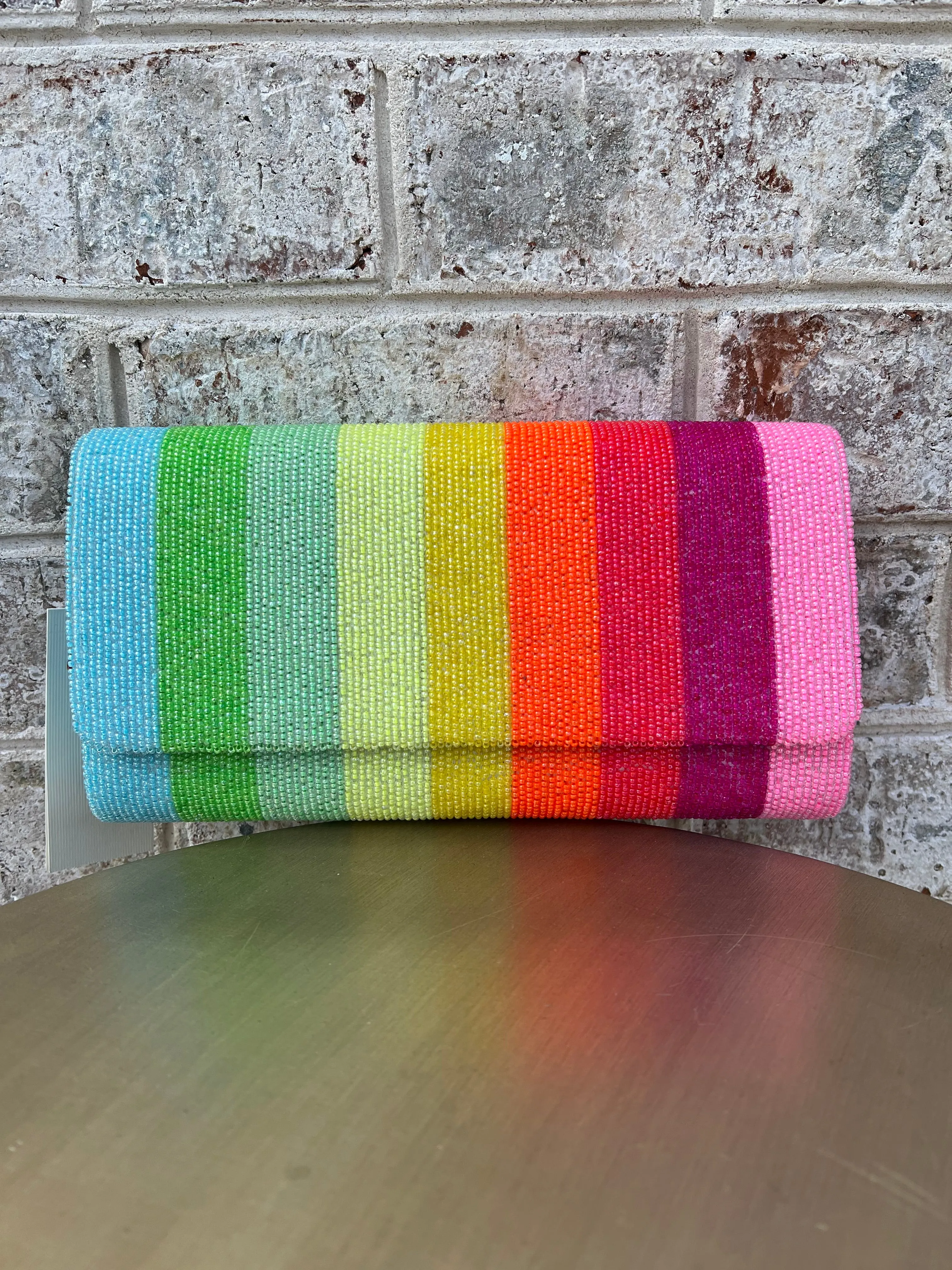 Handmade Beaded Rainbow Stripe Structured Clutch