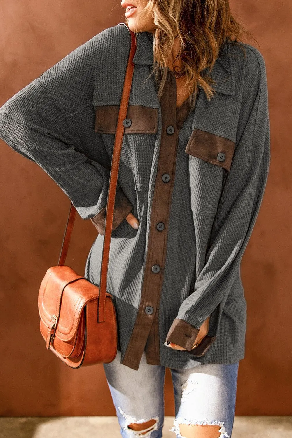 Hazel Blues® | Contrast Waffle-Knit Shirt Jacket