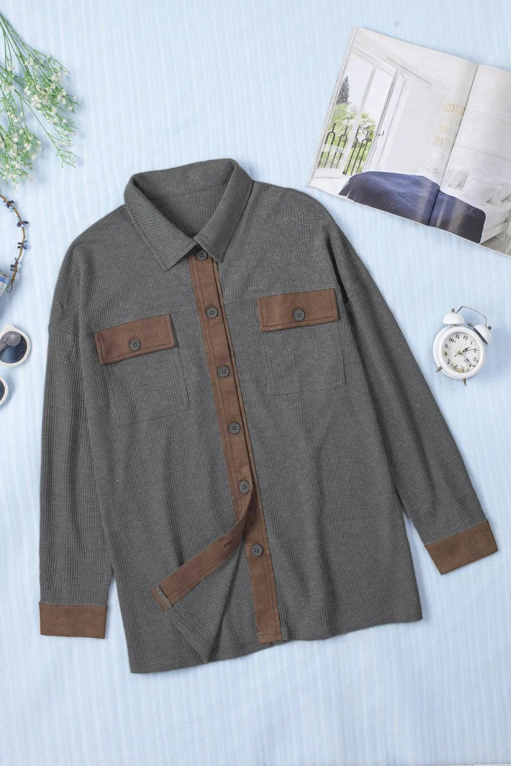 Hazel Blues® | Contrast Waffle-Knit Shirt Jacket