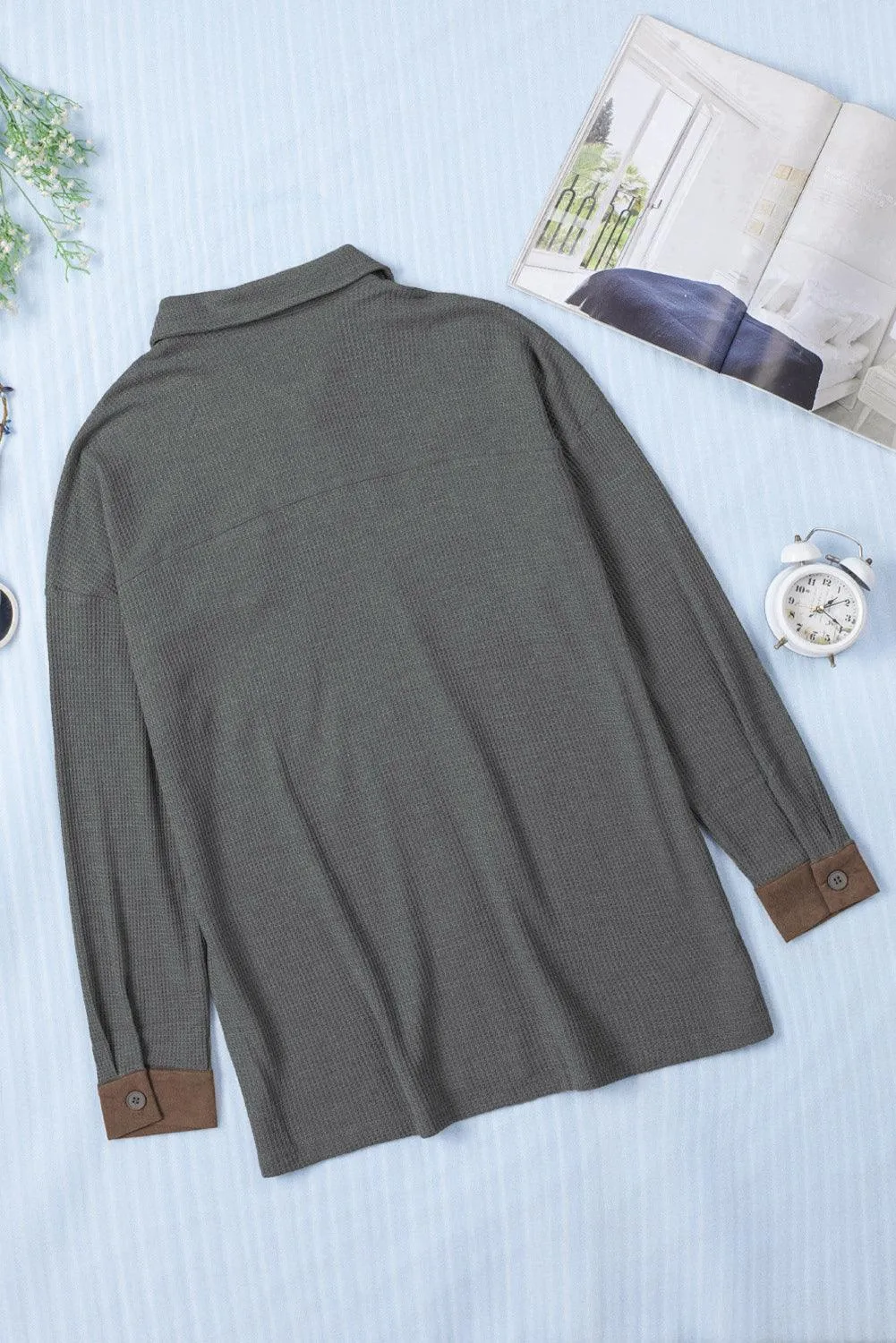 Hazel Blues® | Contrast Waffle-Knit Shirt Jacket