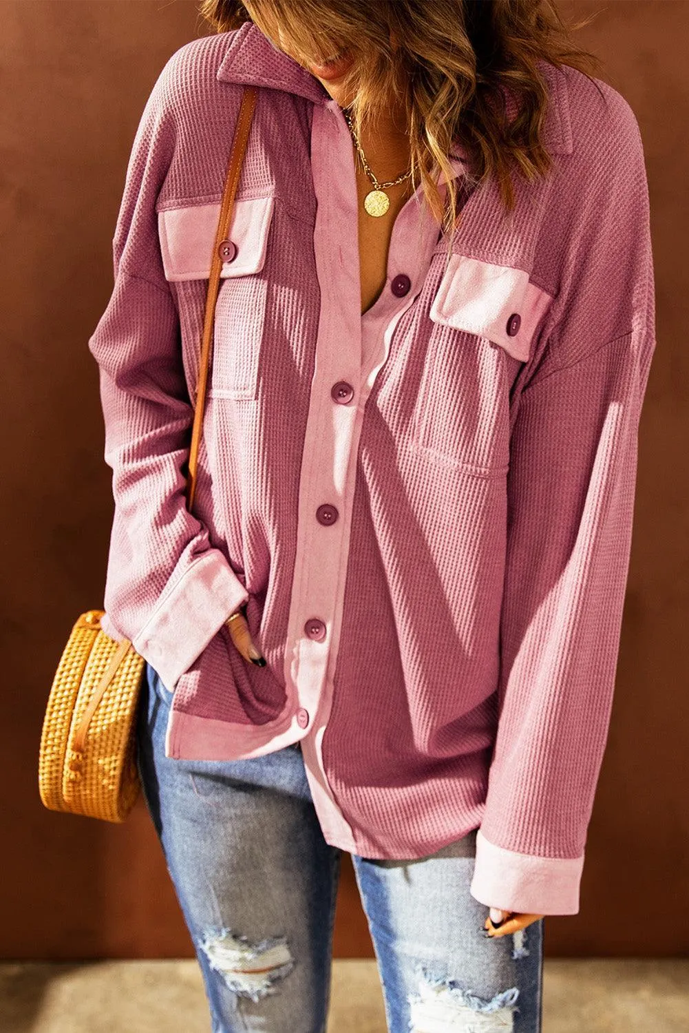 Hazel Blues® | Contrast Waffle-Knit Shirt Jacket