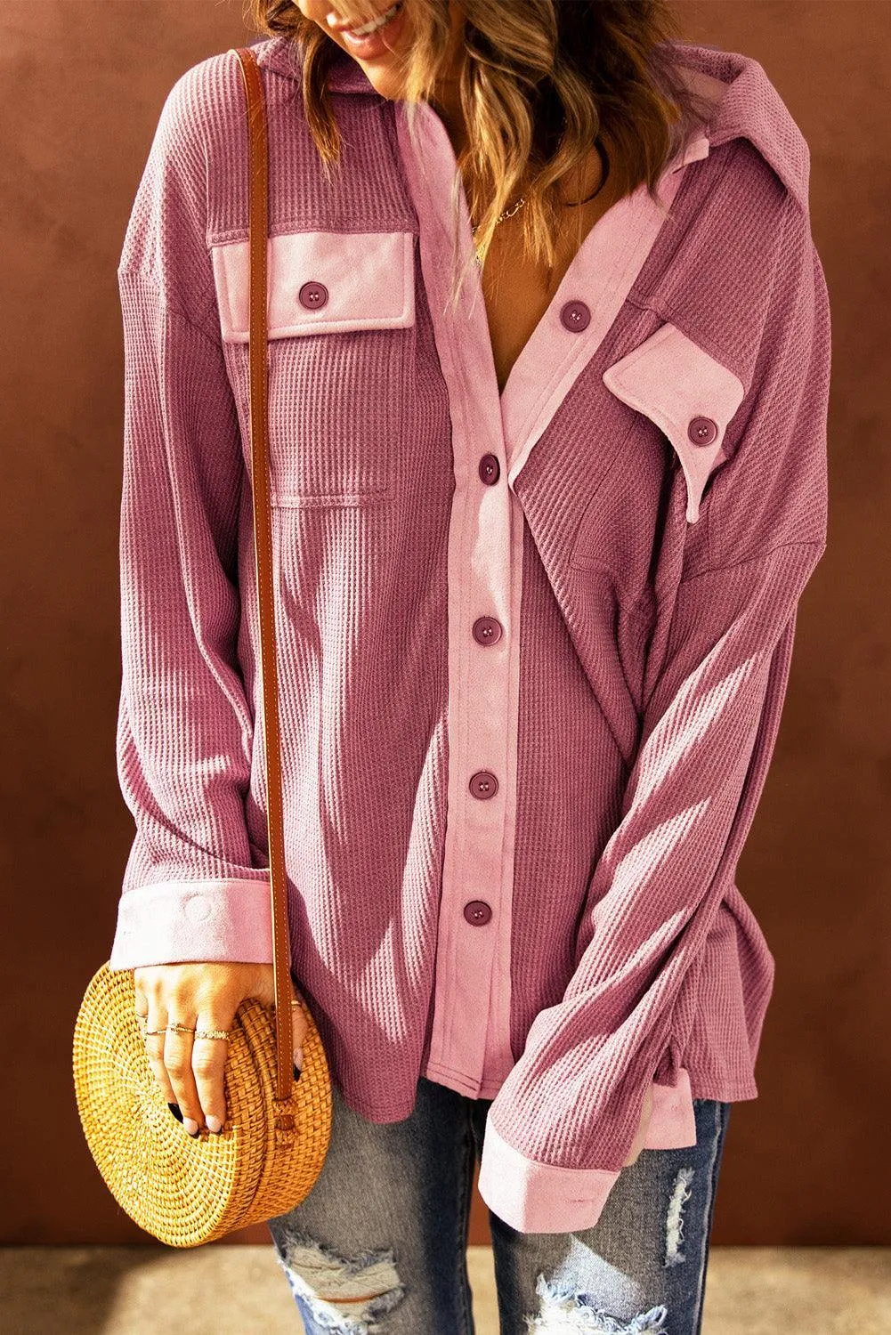 Hazel Blues® | Contrast Waffle-Knit Shirt Jacket