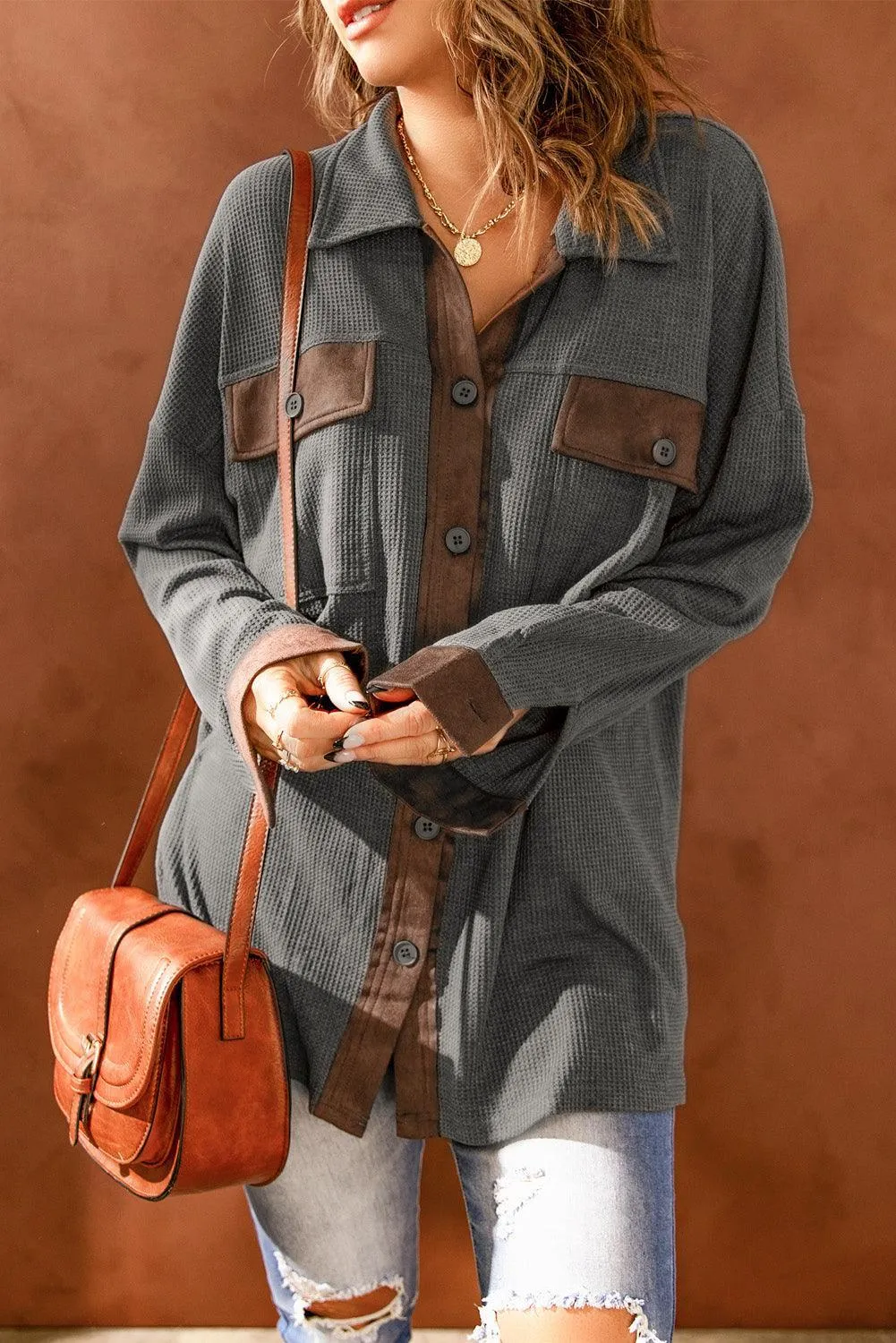 Hazel Blues® | Contrast Waffle-Knit Shirt Jacket