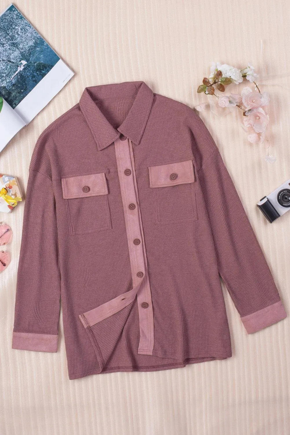 Hazel Blues® | Contrast Waffle-Knit Shirt Jacket