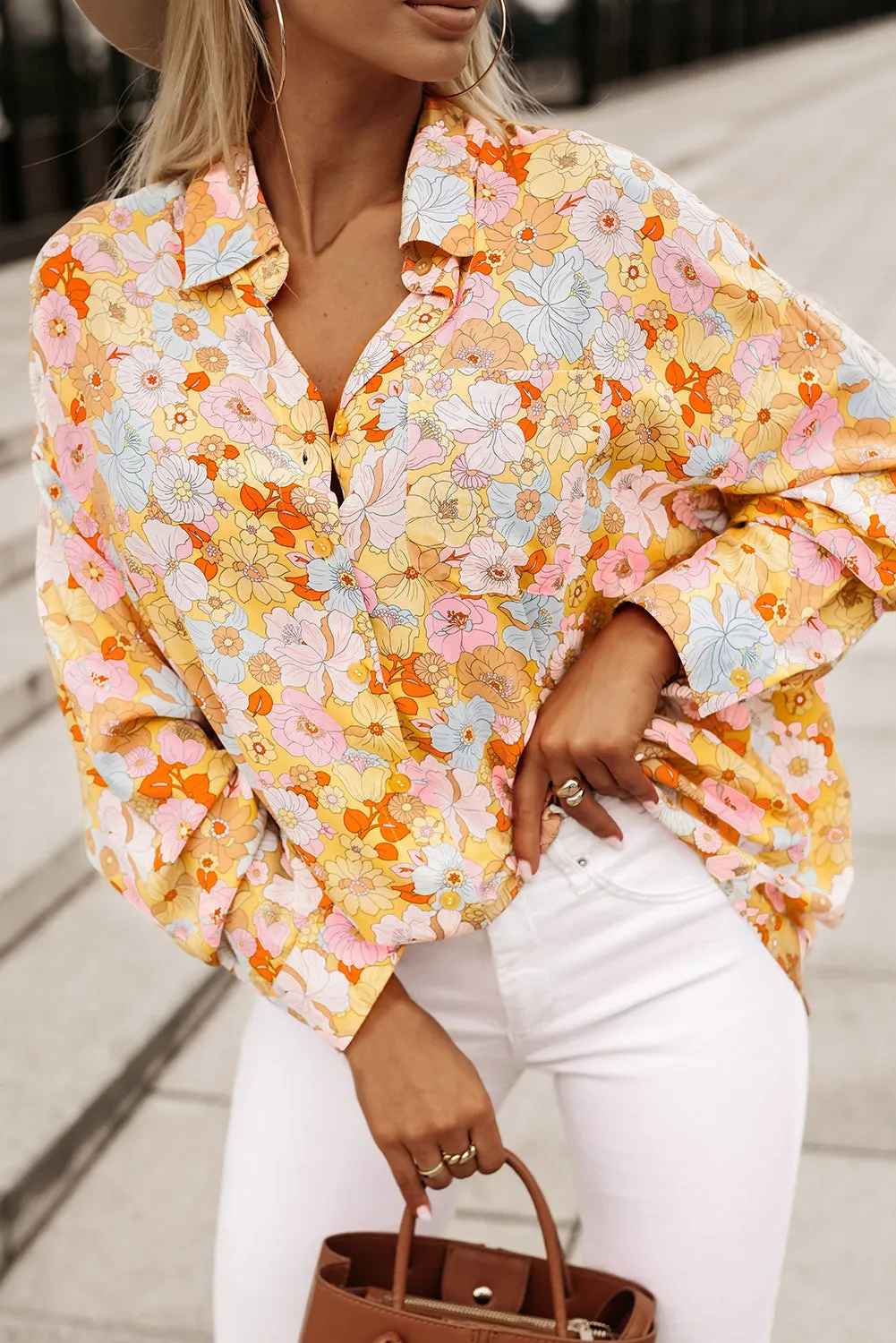 Hazel Blues® |  Floral Collared Neck Long Sleeve Shirt