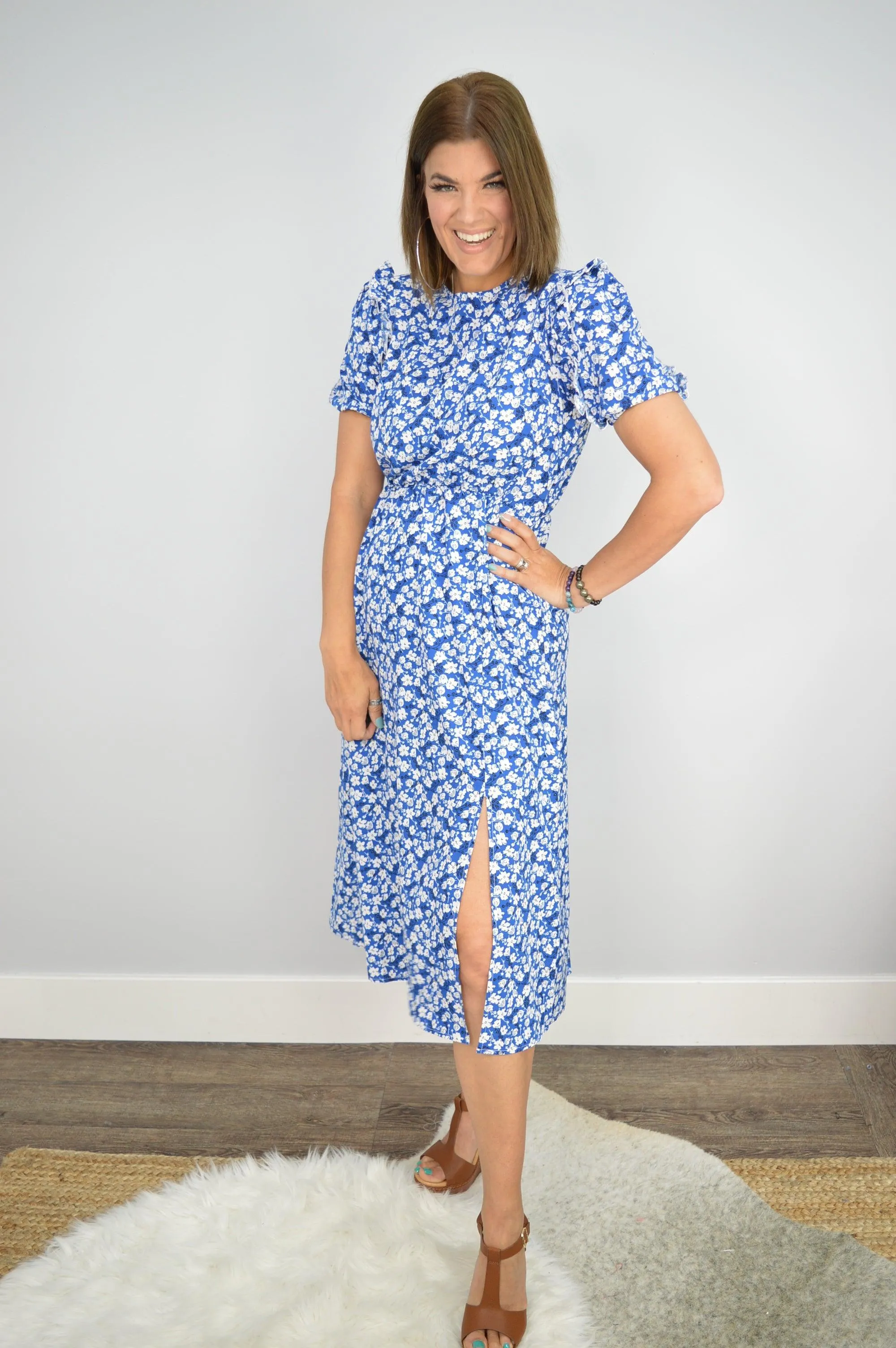 Hazel Blues® | Floral Round Neck Split Midi Dress