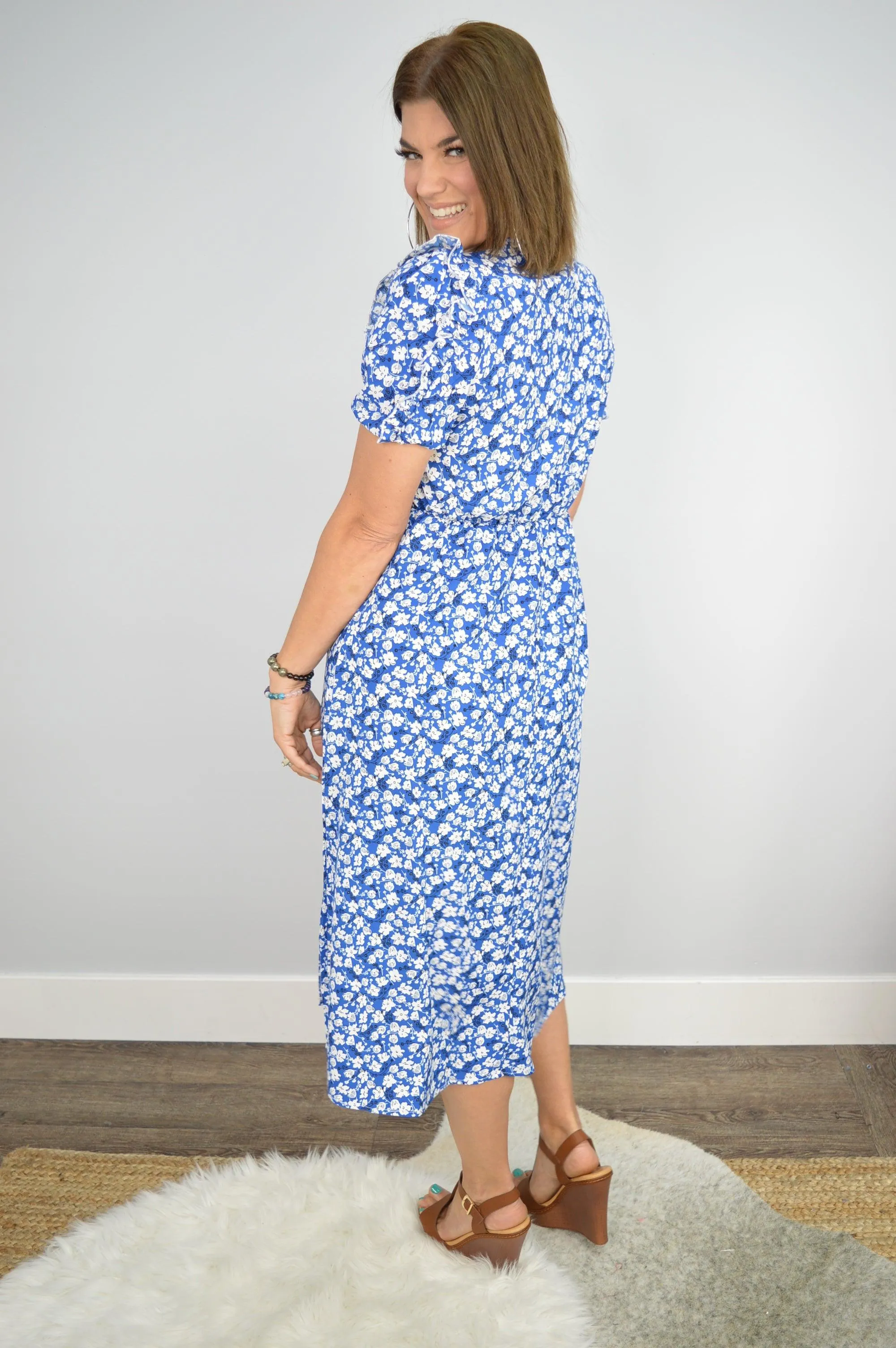 Hazel Blues® | Floral Round Neck Split Midi Dress