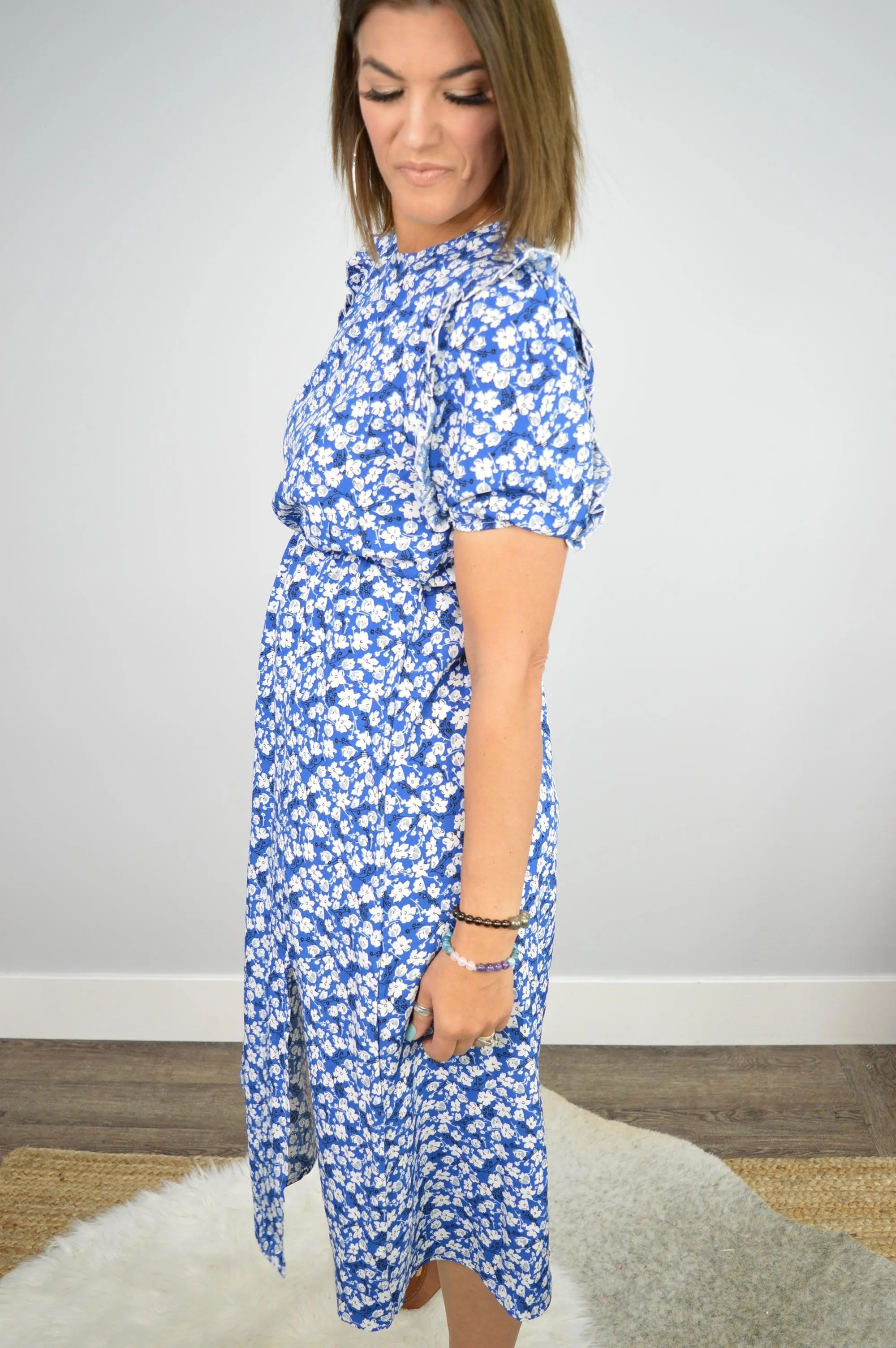 Hazel Blues® | Floral Round Neck Split Midi Dress