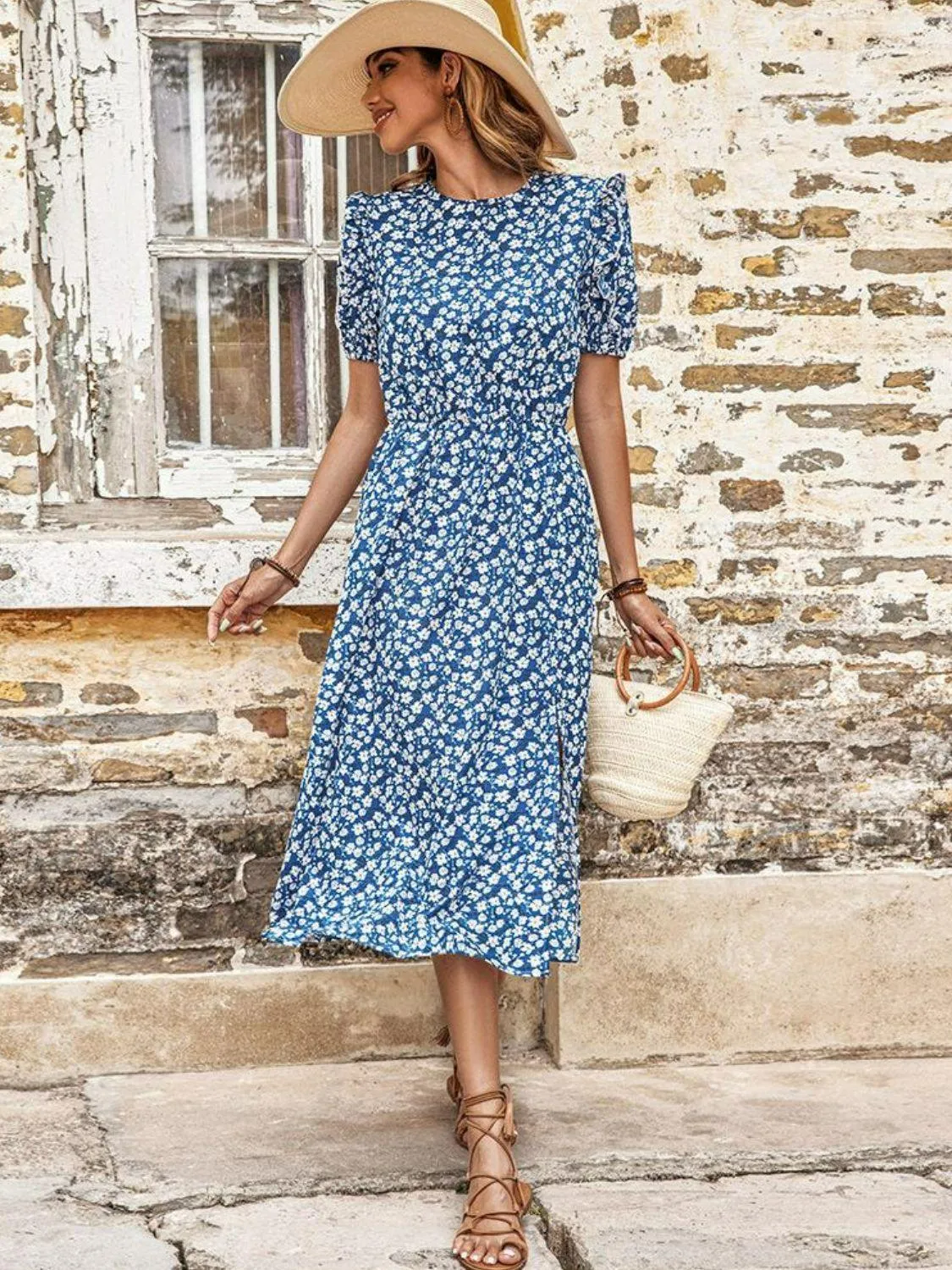 Hazel Blues® | Floral Round Neck Split Midi Dress