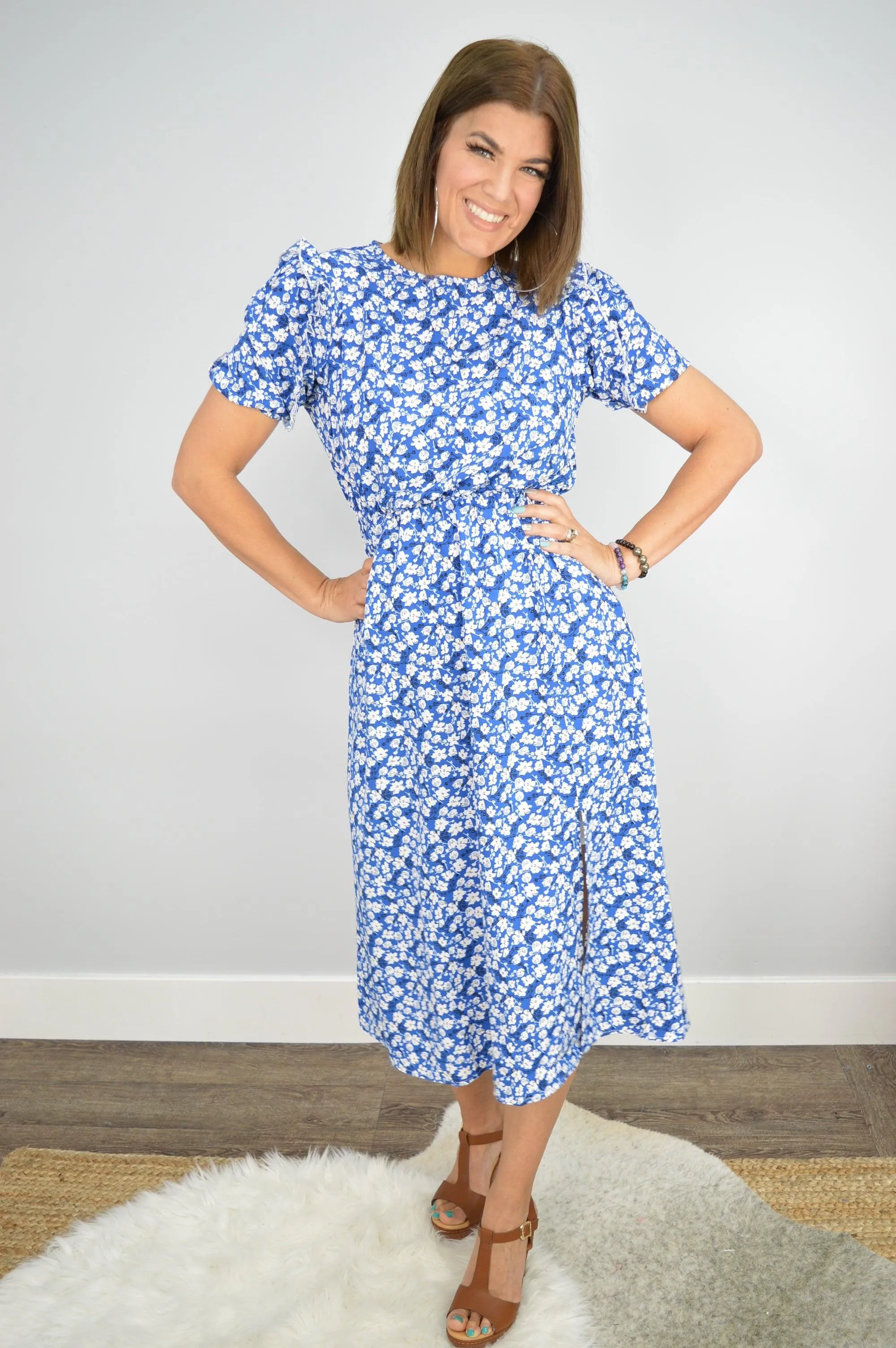 Hazel Blues® | Floral Round Neck Split Midi Dress