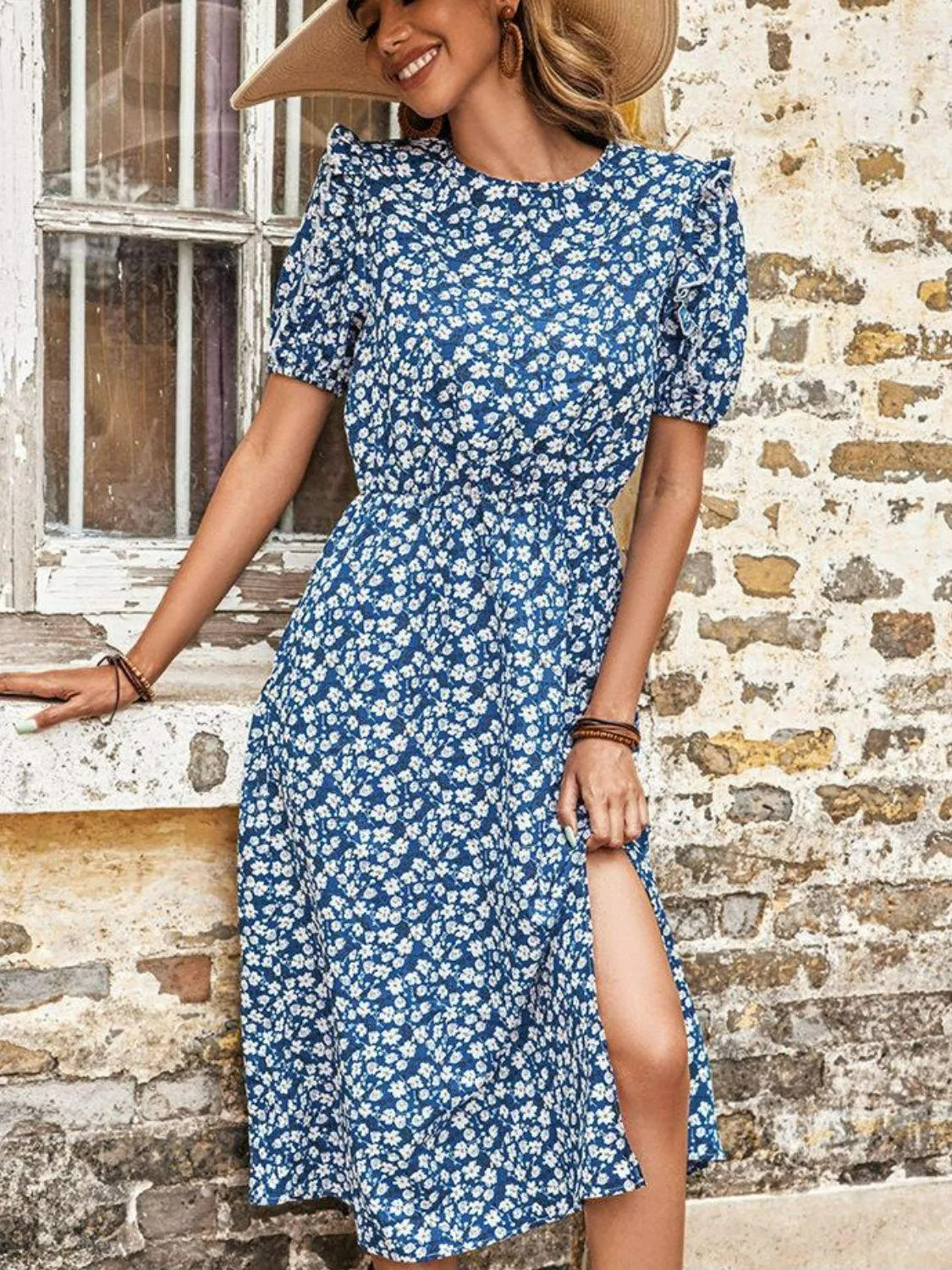 Hazel Blues® | Floral Round Neck Split Midi Dress
