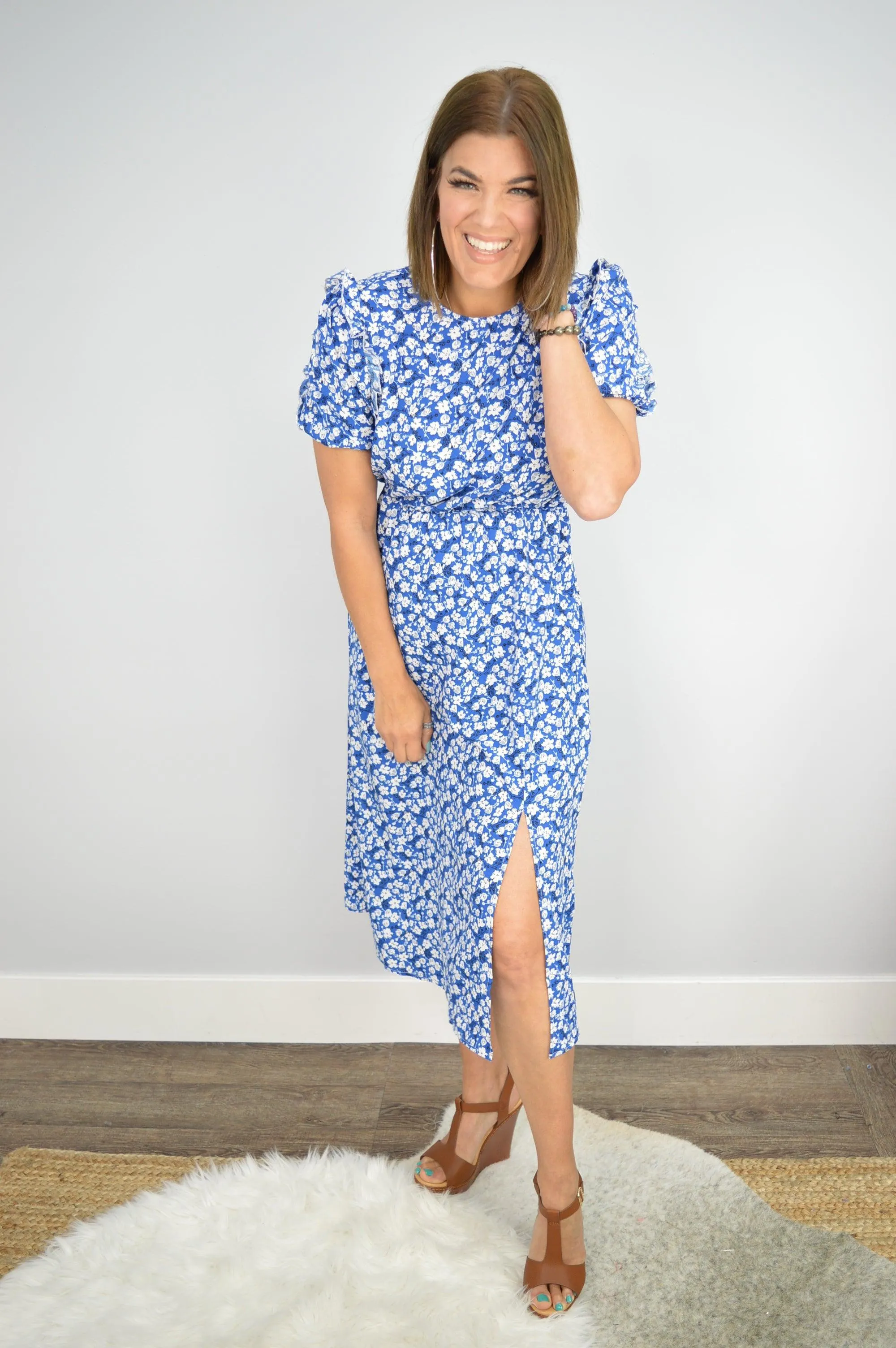 Hazel Blues® | Floral Round Neck Split Midi Dress