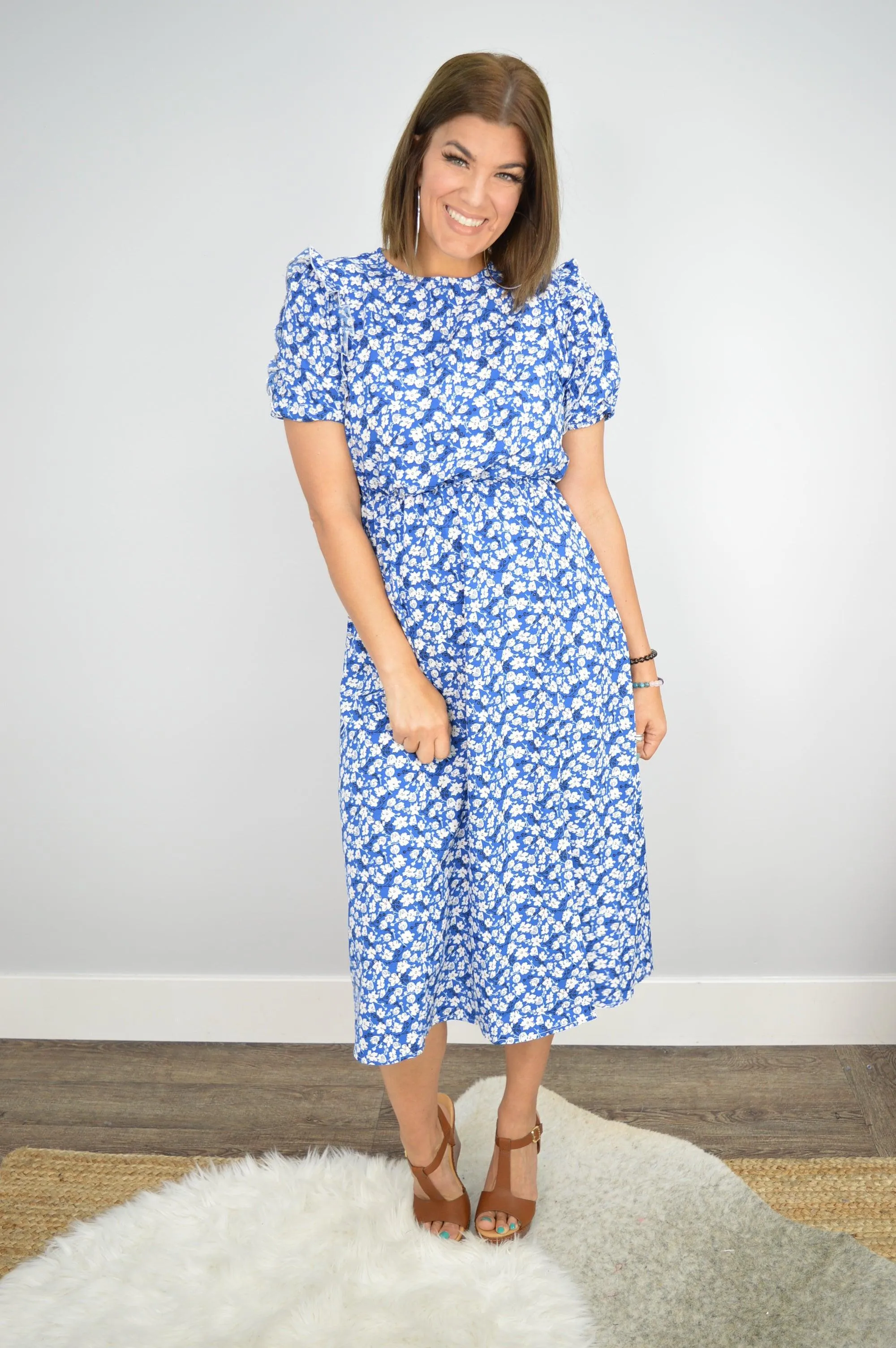 Hazel Blues® | Floral Round Neck Split Midi Dress