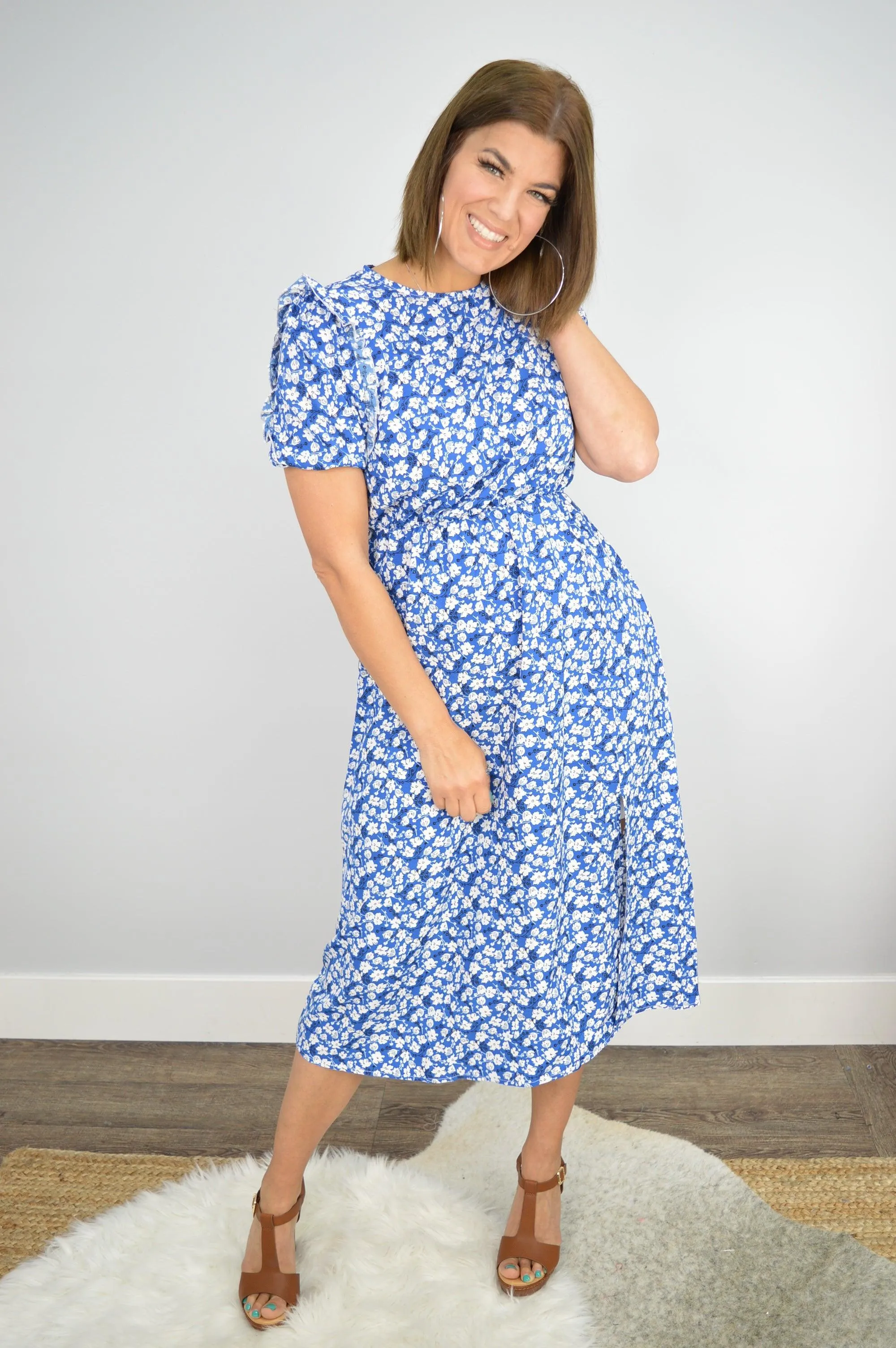 Hazel Blues® | Floral Round Neck Split Midi Dress