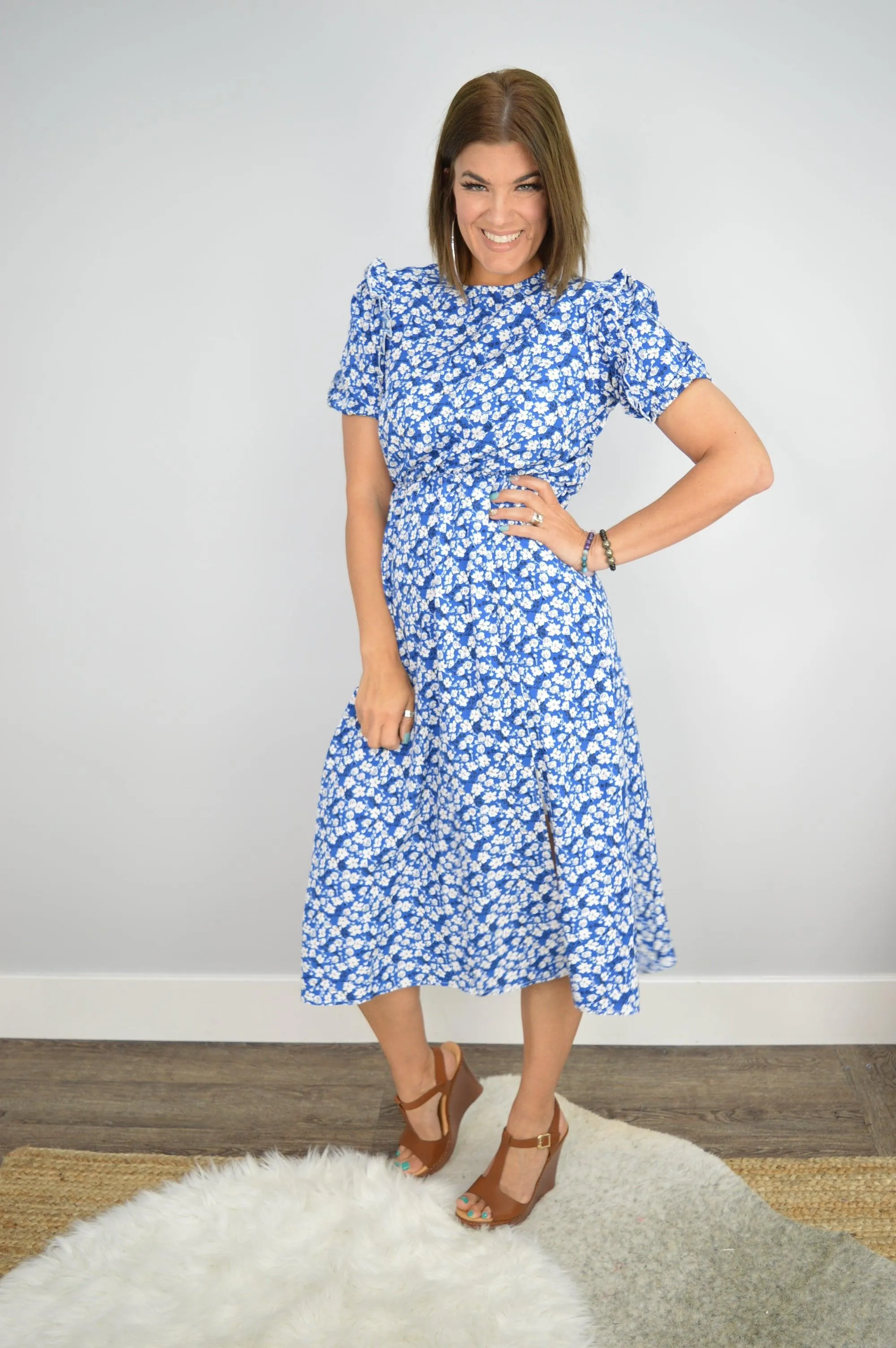 Hazel Blues® | Floral Round Neck Split Midi Dress