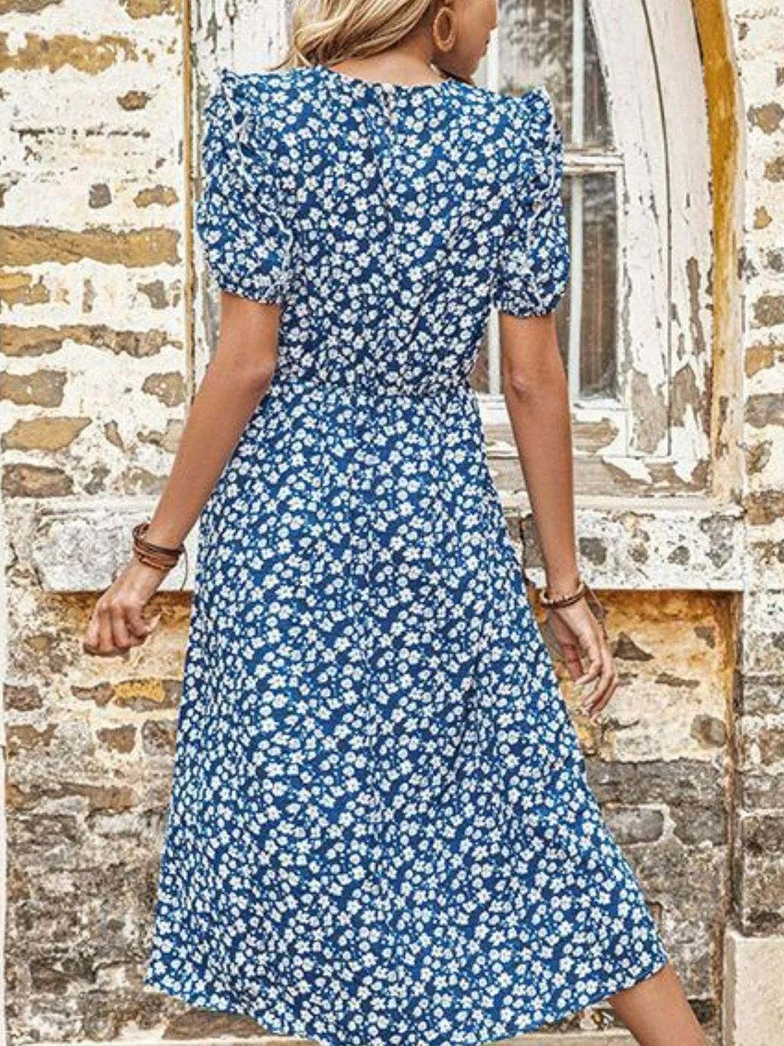 Hazel Blues® | Floral Round Neck Split Midi Dress