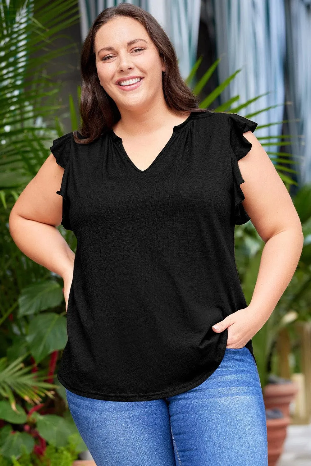 Hazel Blues® | Flutter Sleeve Notched Blouse