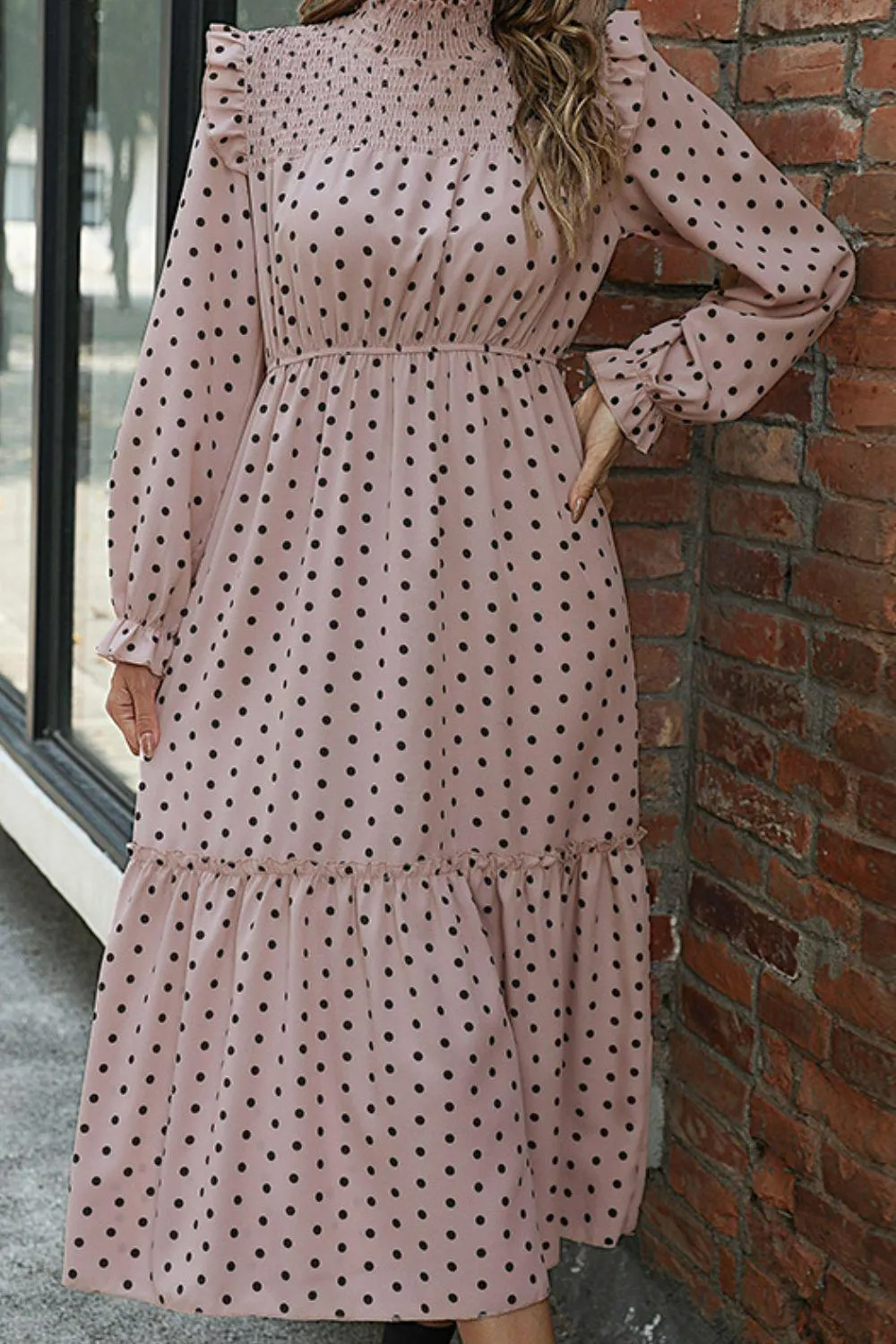 Hazel Blues® | Polka Dot Smocked Frill Trim Dress