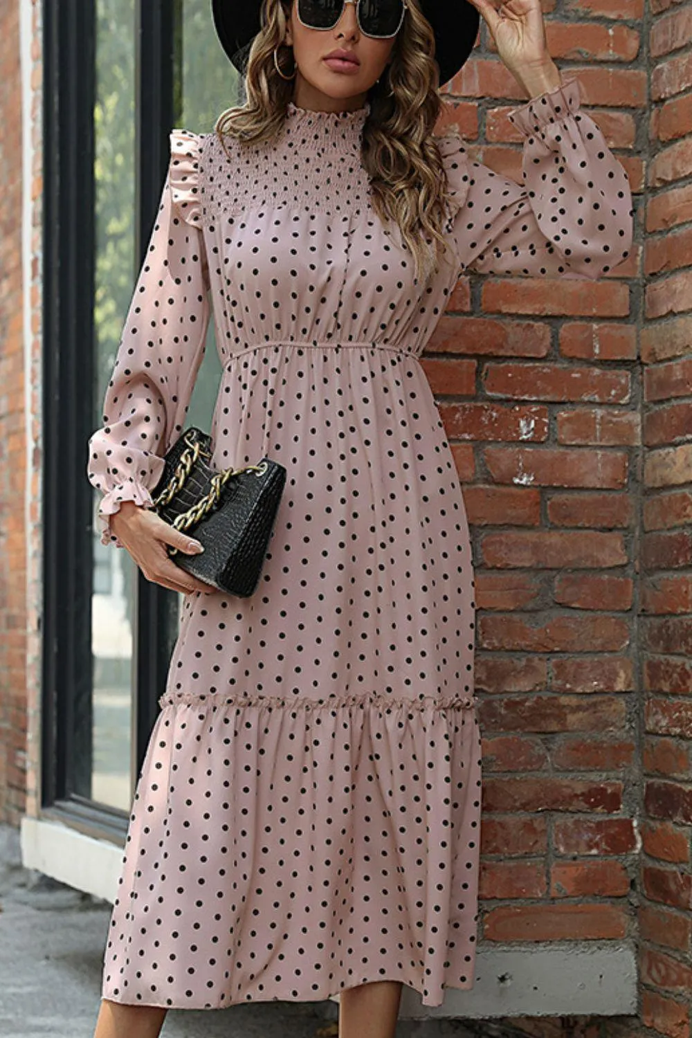 Hazel Blues® | Polka Dot Smocked Frill Trim Dress