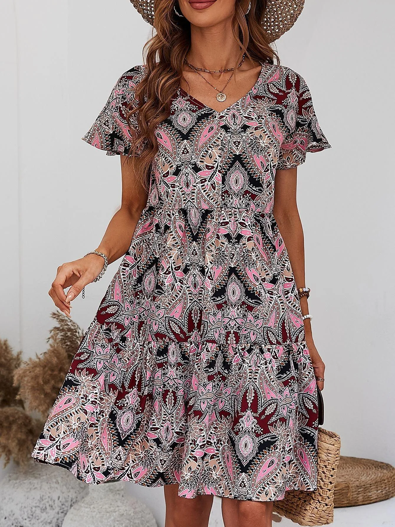 Hazel Blues® | Printed V-Neck Tiered Dress