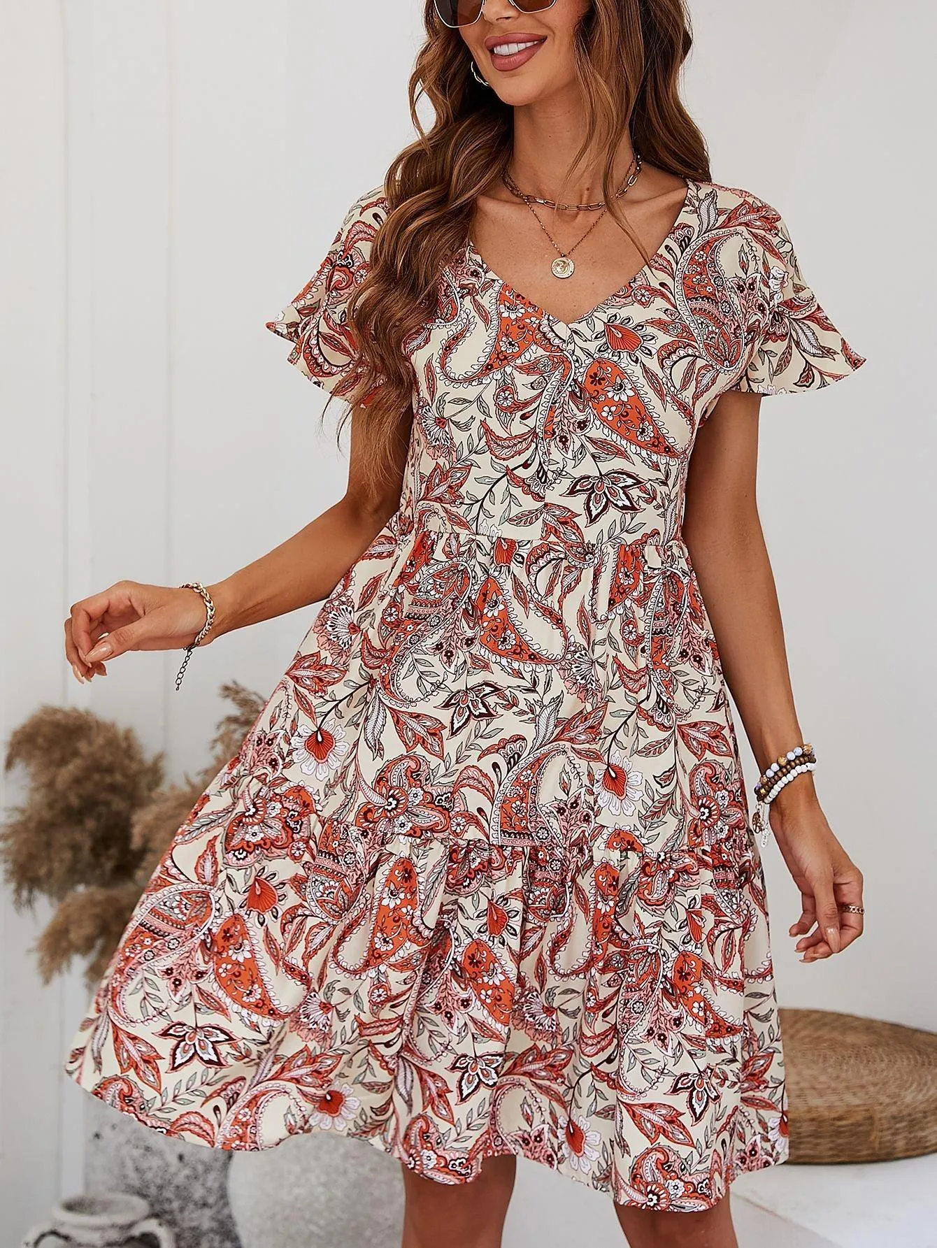 Hazel Blues® | Printed V-Neck Tiered Dress
