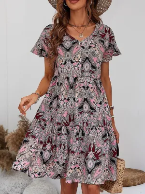Hazel Blues® | Printed V-Neck Tiered Dress
