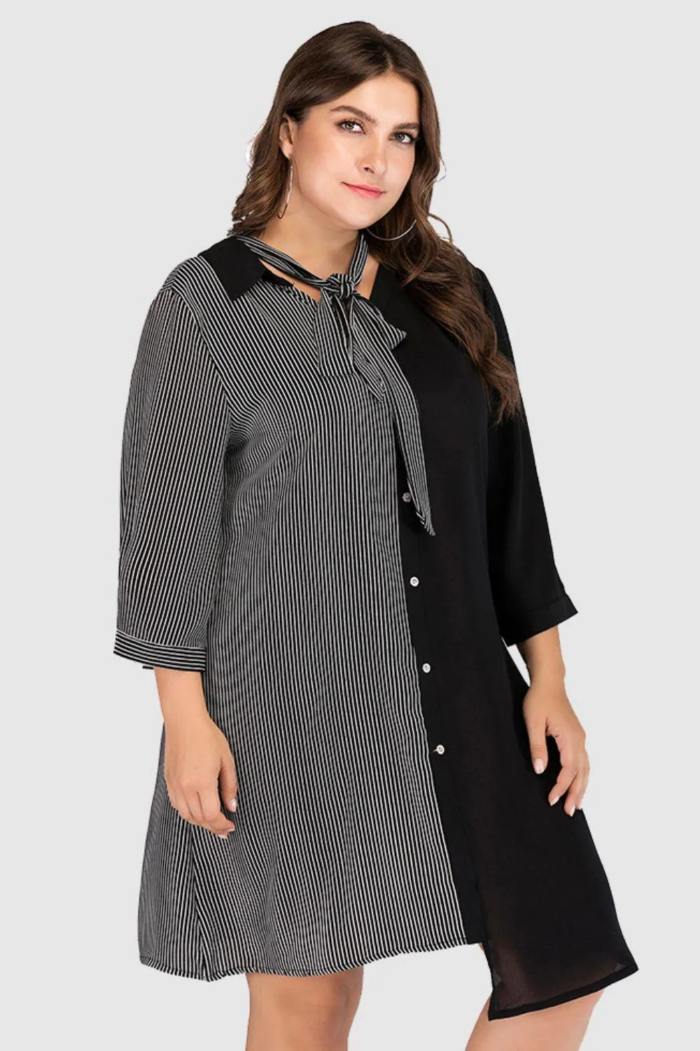Hazel Blues® | Striped Color Block Tie-Neck Dress