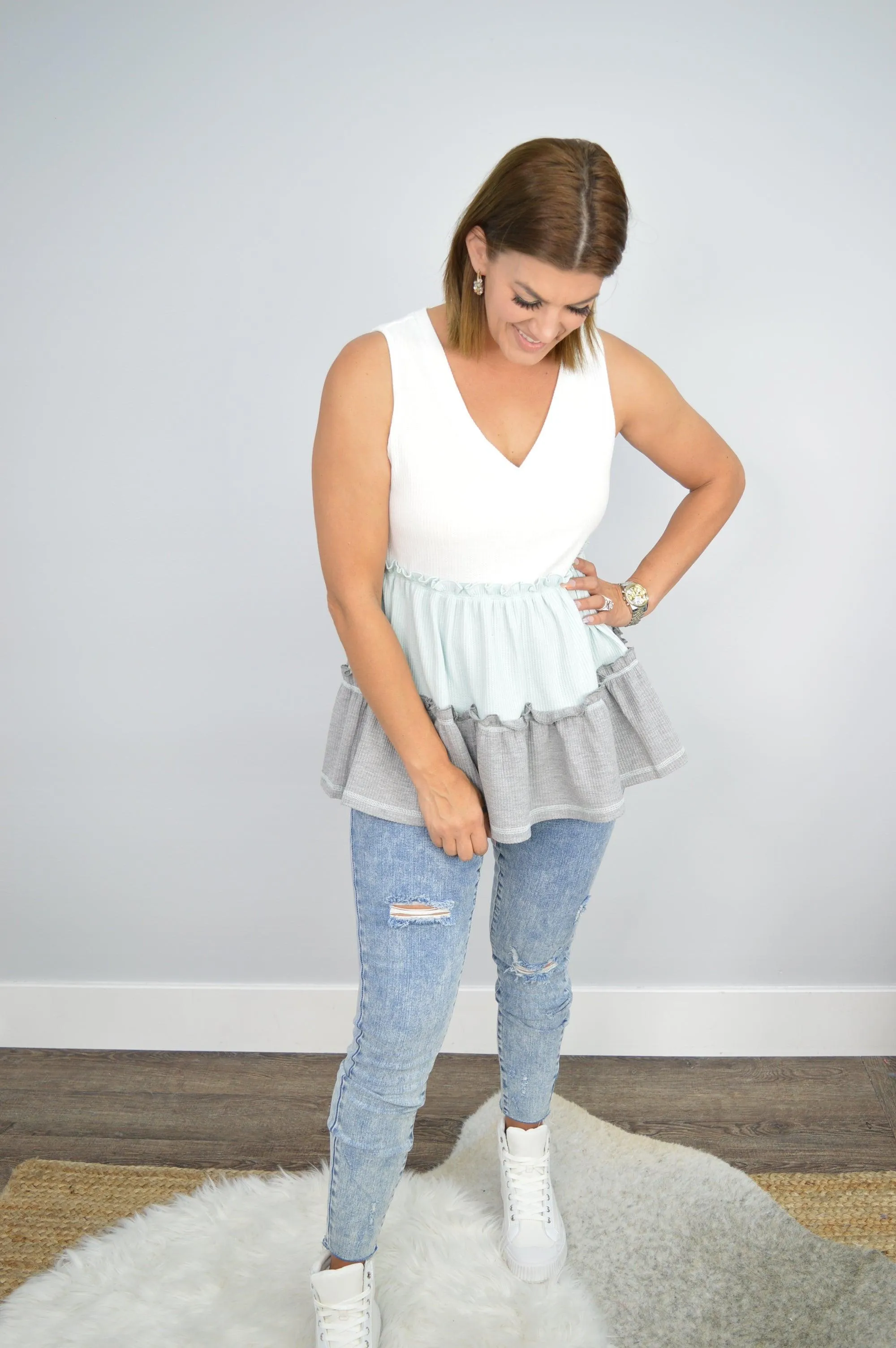 Hazel Blues® | Tricolor Frill Trim V-Neck Sleeveless Top